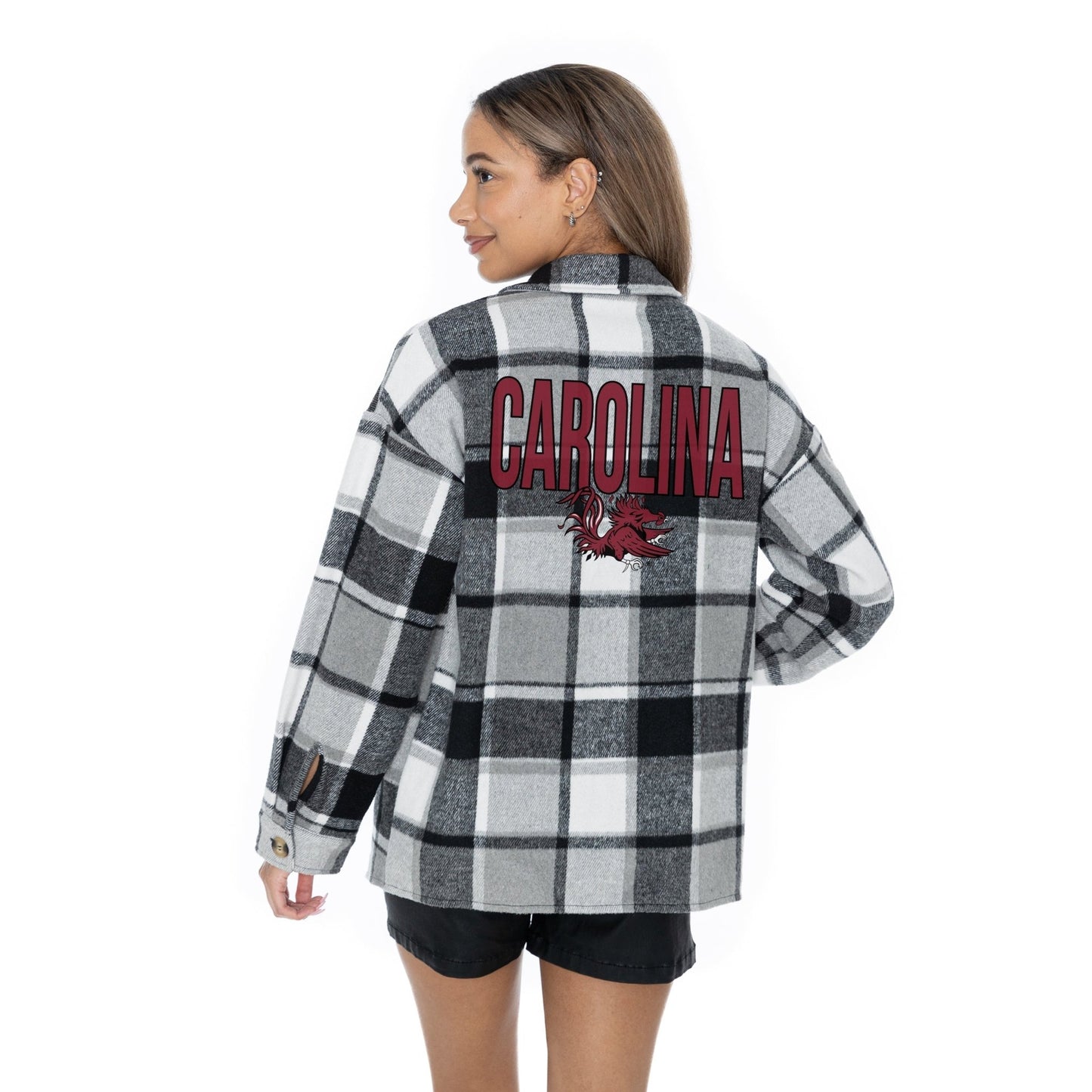 SOUTH CAROLINA GAMECOCKS MAD FOR PLAID LONG SLEEVE BRUSHED PLAID OVERSHIRT WITH LAPEL COLLAR, BUTTON CLOSURE, AND CUFF DETAIL - The Club