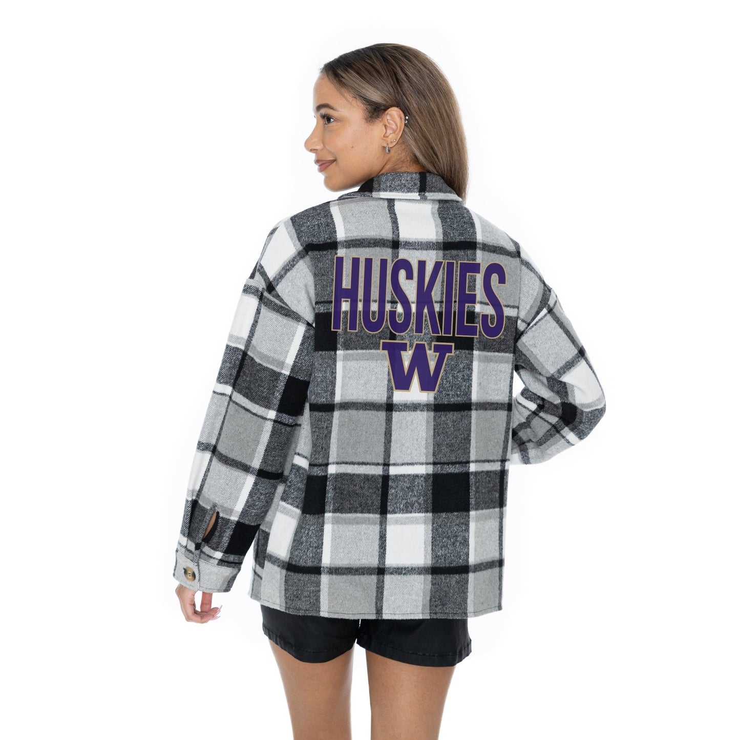 WASHINGTON HUSKIES MAD FOR PLAID LONG SLEEVE BRUSHED PLAID OVERSHIRT WITH LAPEL COLLAR, BUTTON CLOSURE, AND CUFF DETAIL - The Club
