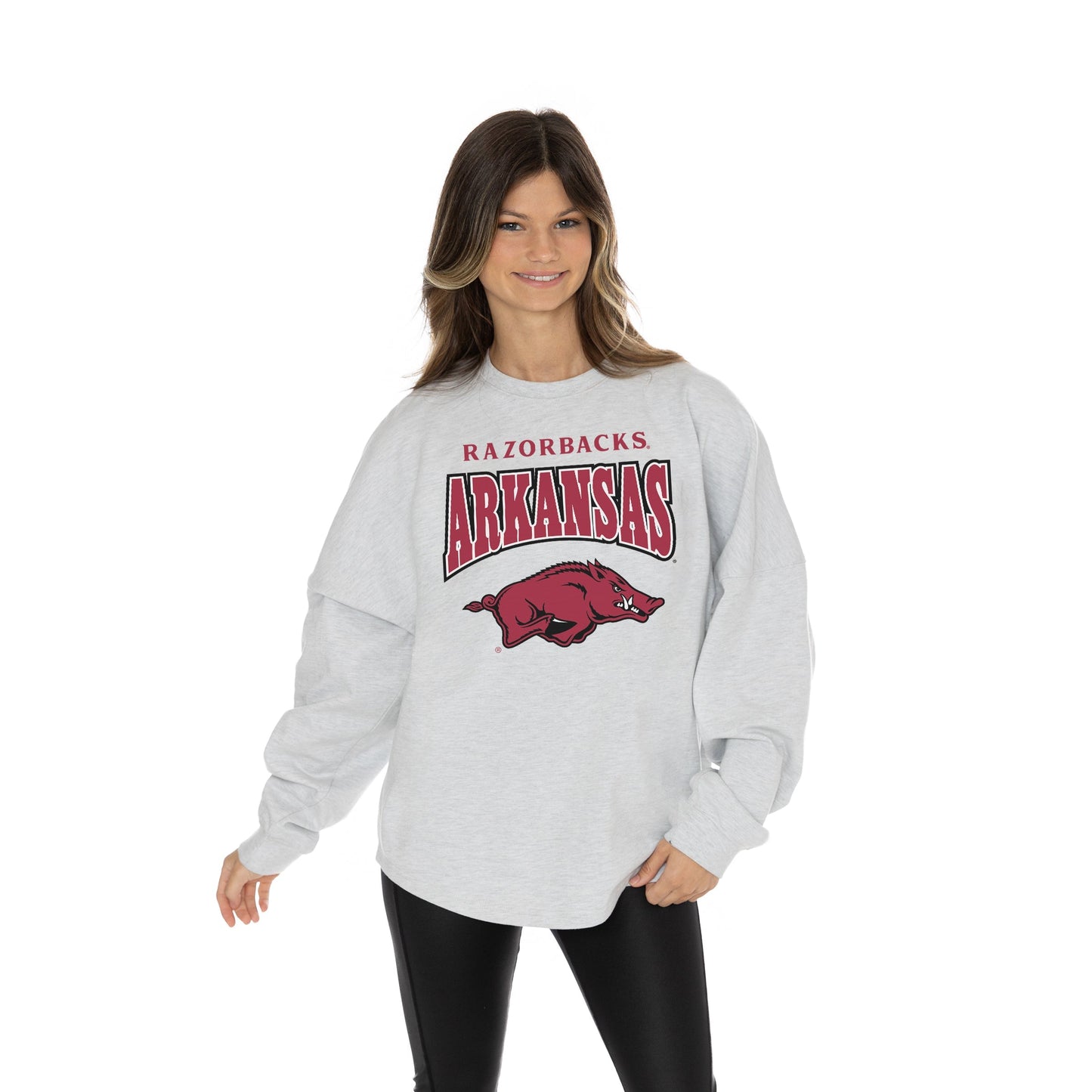 ARKANSAS RAZORBACKS FIGHTING SPIRIT RELAXED FIT HEATHERED LONG SLEEVE FRENCH TERRY PULLOVER WITH RIBBED CUFF AND NECKLINE DETAIL
