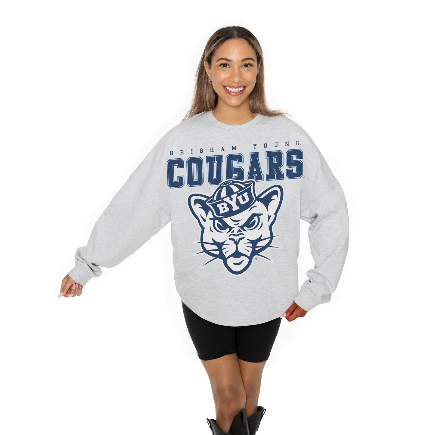 BYU COUGARS BIG GOALS RELAXED FIT HEATHERED LONG SLEEVE FRENCH TERRY PULLOVER WITH RIBBED CUFF AND NECKLINE DETAIL