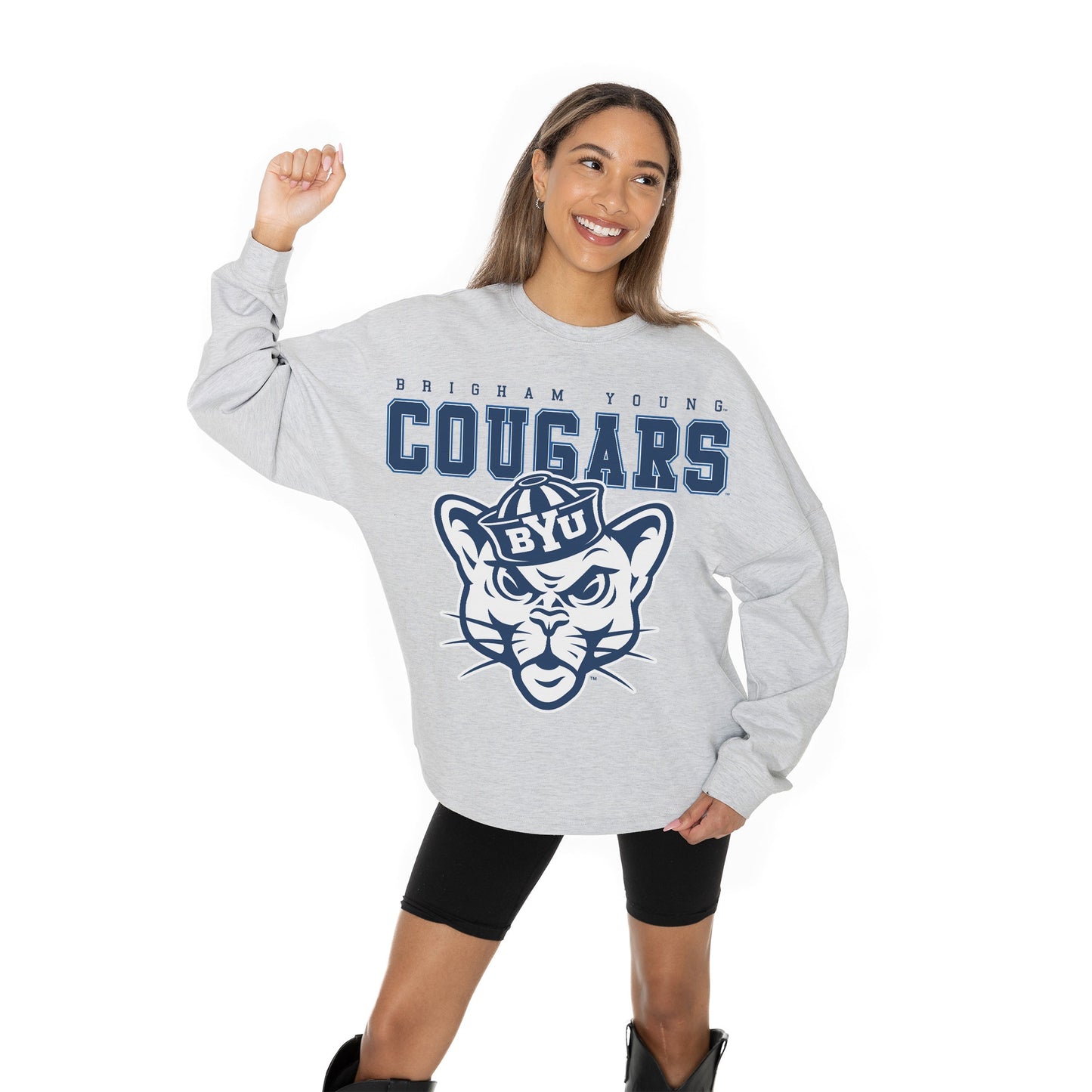 BYU COUGARS BIG GOALS RELAXED FIT HEATHERED LONG SLEEVE FRENCH TERRY PULLOVER WITH RIBBED CUFF AND NECKLINE DETAIL