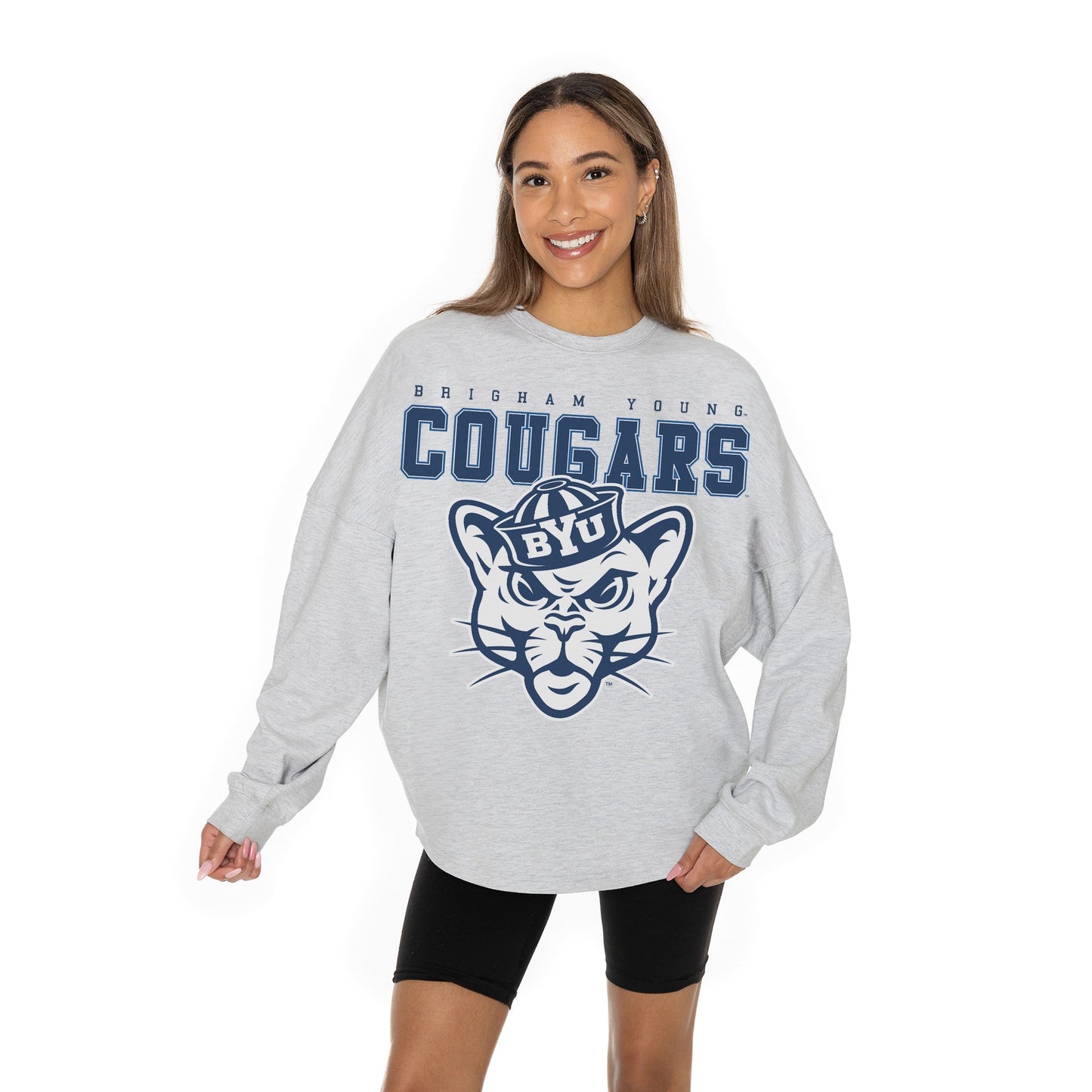 BYU COUGARS BIG GOALS RELAXED FIT HEATHERED LONG SLEEVE FRENCH TERRY PULLOVER WITH RIBBED CUFF AND NECKLINE DETAIL