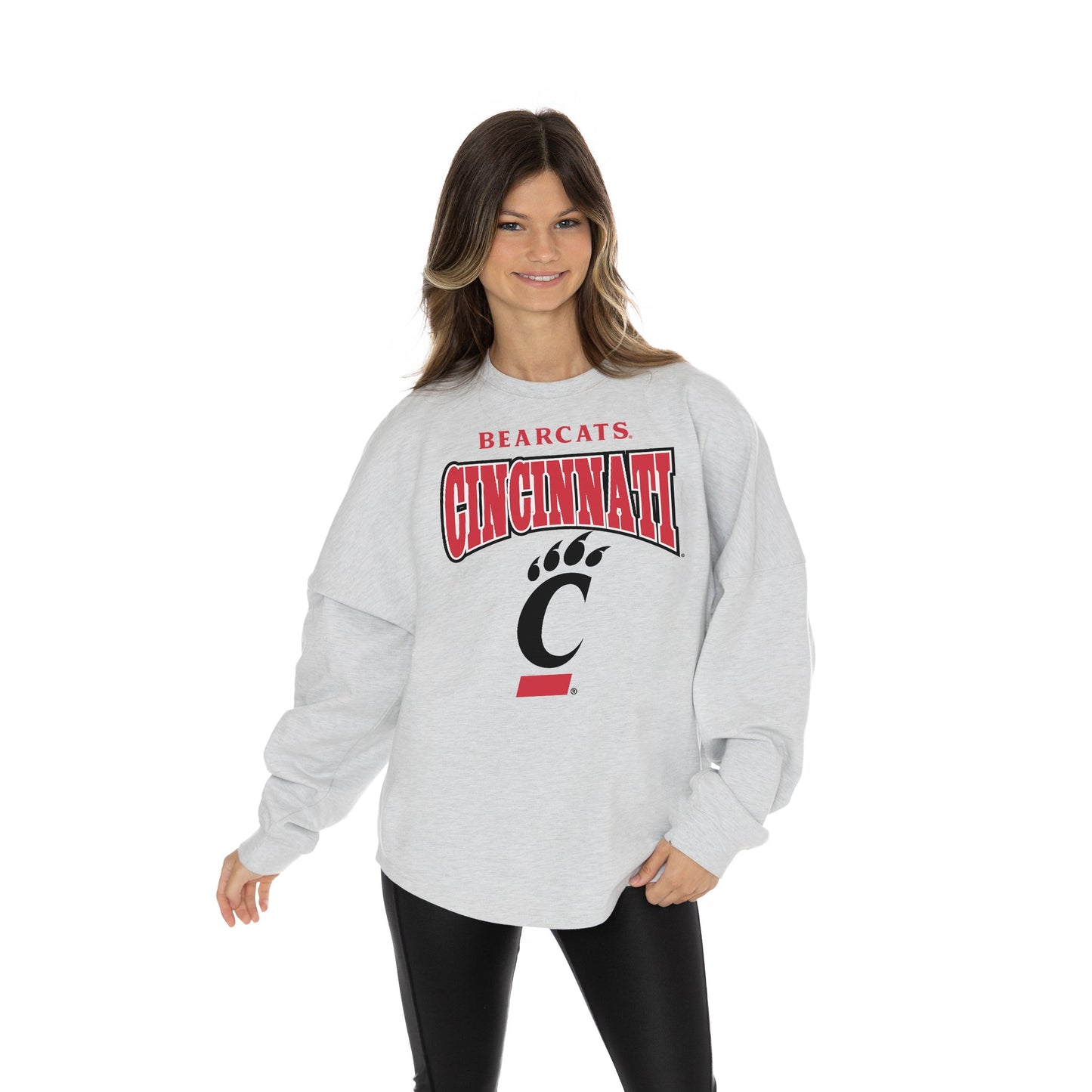 CINCINNATI BEARCATS FIGHTING SPIRIT RELAXED FIT HEATHERED LONG SLEEVE FRENCH TERRY PULLOVER WITH RIBBED CUFF AND NECKLINE DETAIL