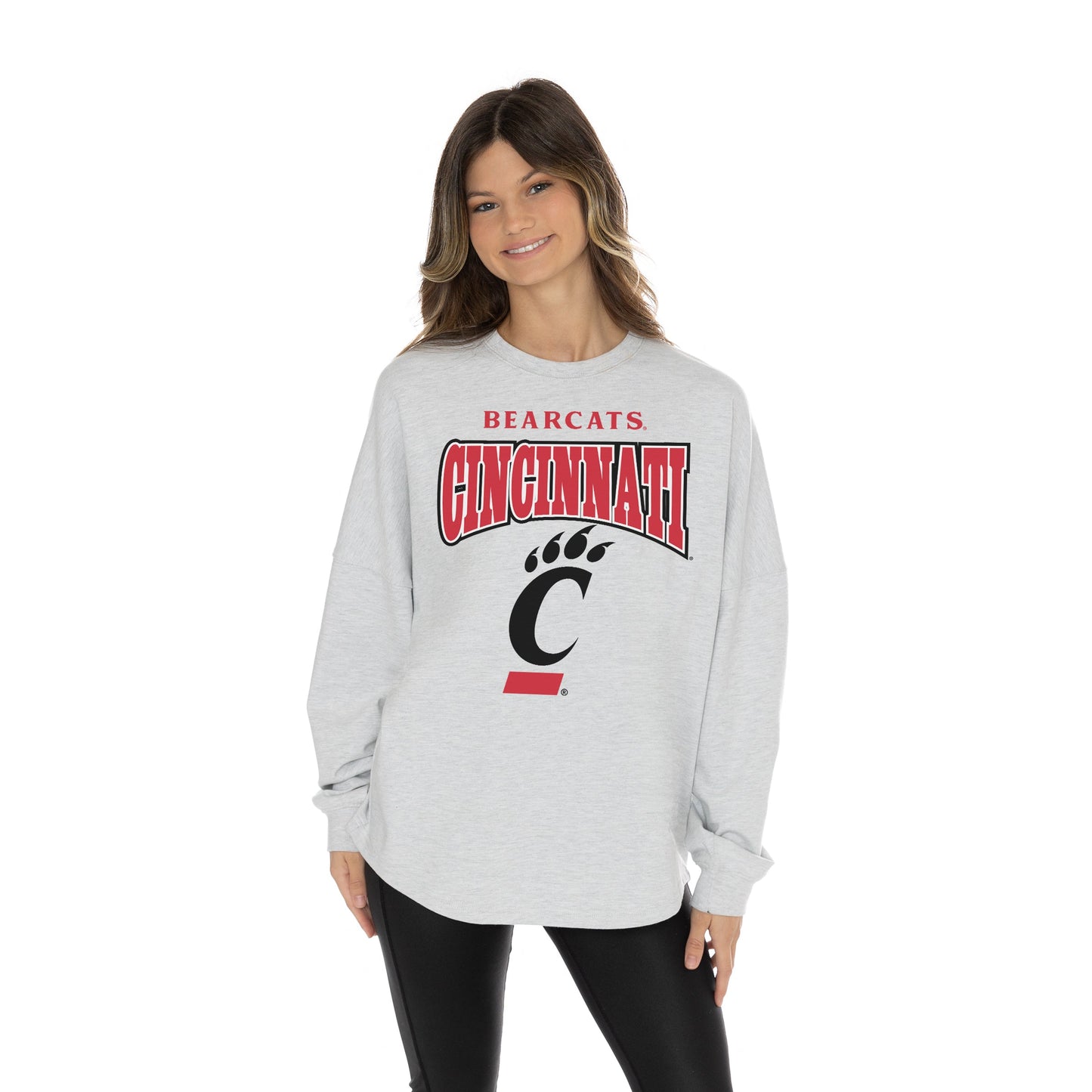 CINCINNATI BEARCATS FIGHTING SPIRIT RELAXED FIT HEATHERED LONG SLEEVE FRENCH TERRY PULLOVER WITH RIBBED CUFF AND NECKLINE DETAIL