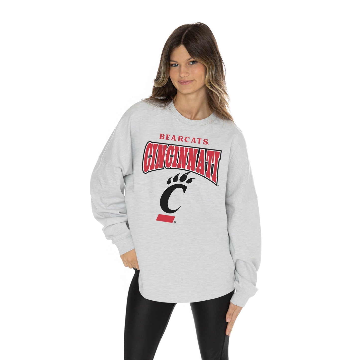 CINCINNATI BEARCATS FIGHTING SPIRIT RELAXED FIT HEATHERED LONG SLEEVE FRENCH TERRY PULLOVER WITH RIBBED CUFF AND NECKLINE DETAIL