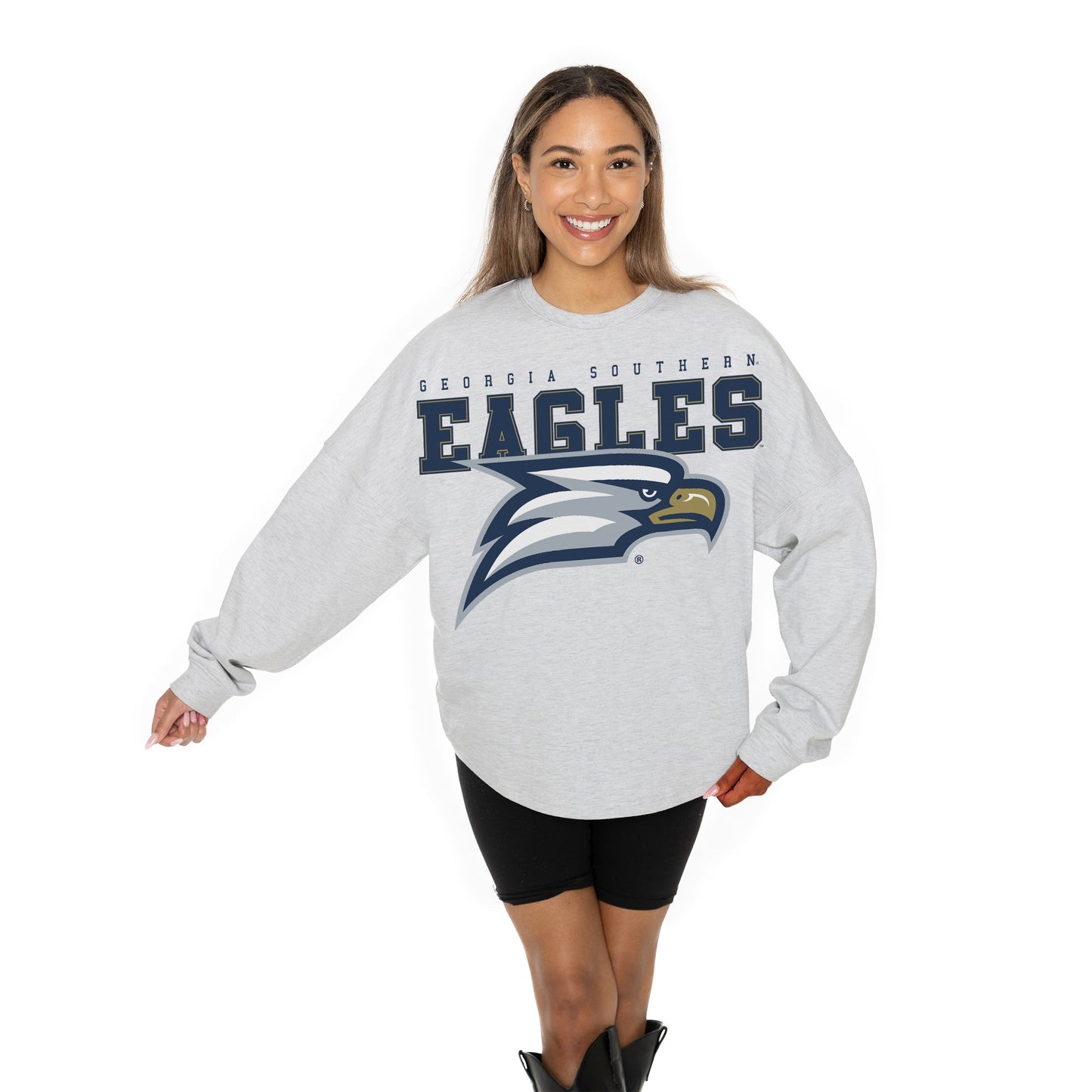GEORGIA SOUTHERN EAGLES BIG GOALS RELAXED FIT HEATHERED LONG SLEEVE FRENCH TERRY PULLOVER WITH RIBBED CUFF AND NECKLINE DETAIL