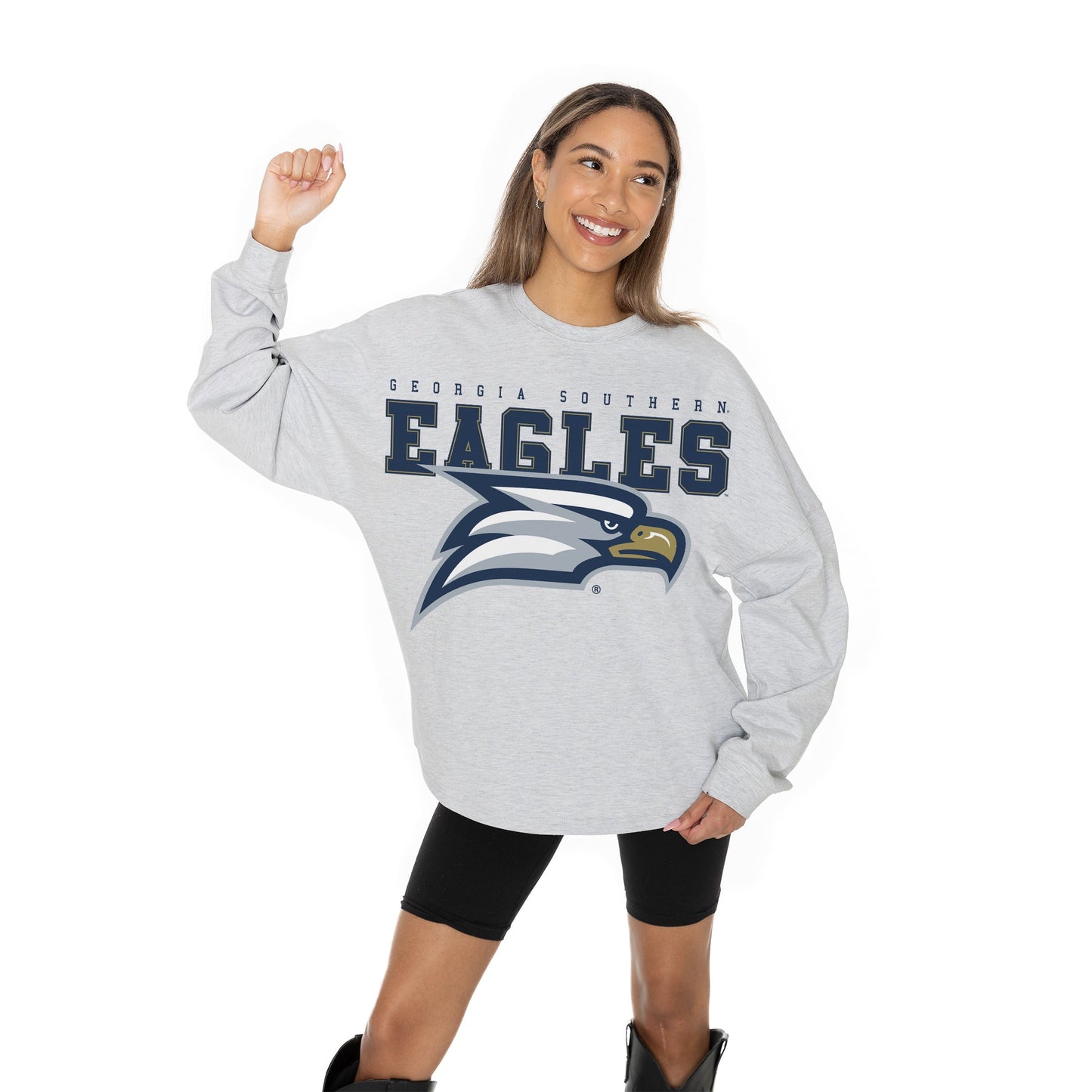 GEORGIA SOUTHERN EAGLES BIG GOALS RELAXED FIT HEATHERED LONG SLEEVE FRENCH TERRY PULLOVER WITH RIBBED CUFF AND NECKLINE DETAIL