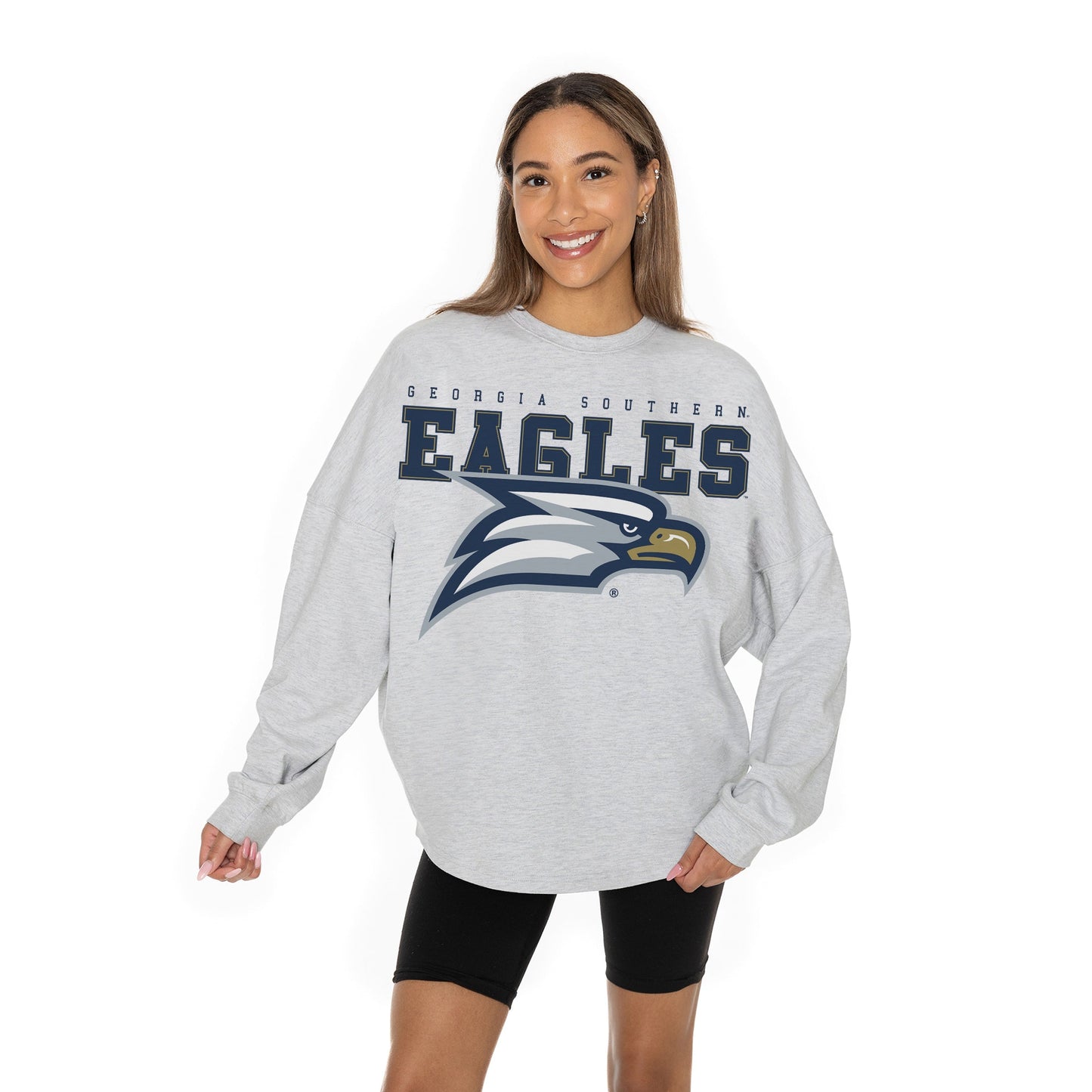 GEORGIA SOUTHERN EAGLES BIG GOALS RELAXED FIT HEATHERED LONG SLEEVE FRENCH TERRY PULLOVER WITH RIBBED CUFF AND NECKLINE DETAIL