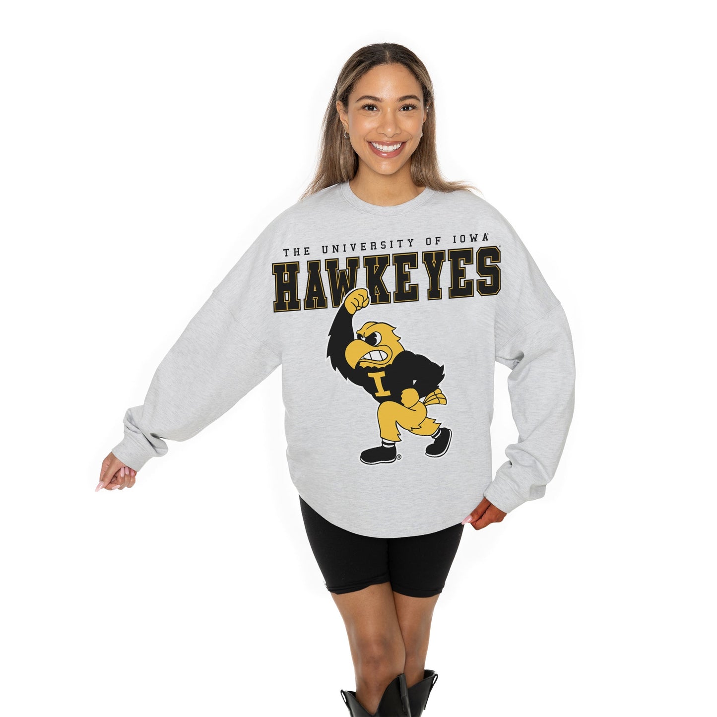 IOWA HAWKEYES BIG GOALS RELAXED FIT HEATHERED LONG SLEEVE FRENCH TERRY PULLOVER WITH RIBBED CUFF AND NECKLINE DETAIL