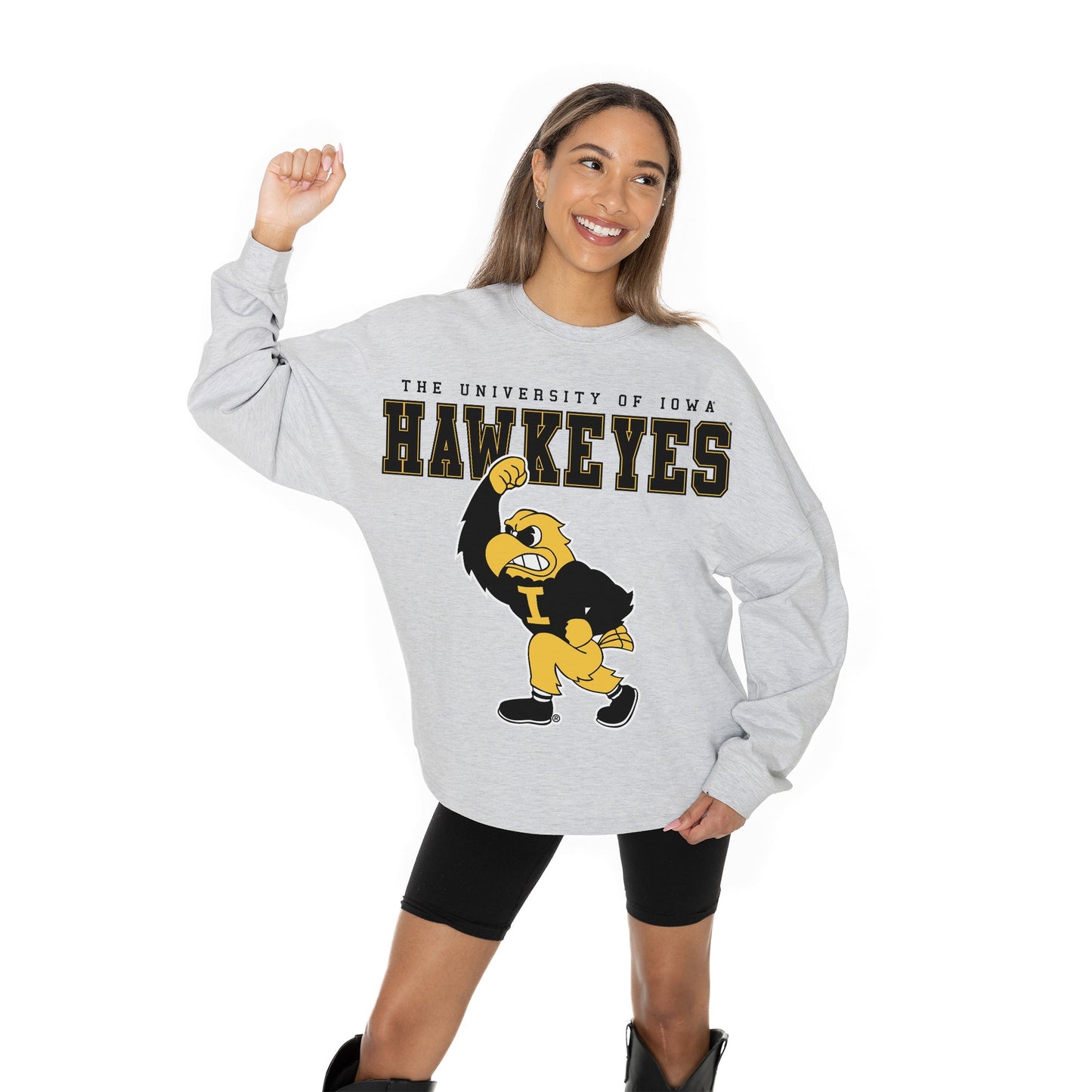 IOWA HAWKEYES BIG GOALS RELAXED FIT HEATHERED LONG SLEEVE FRENCH TERRY PULLOVER WITH RIBBED CUFF AND NECKLINE DETAIL