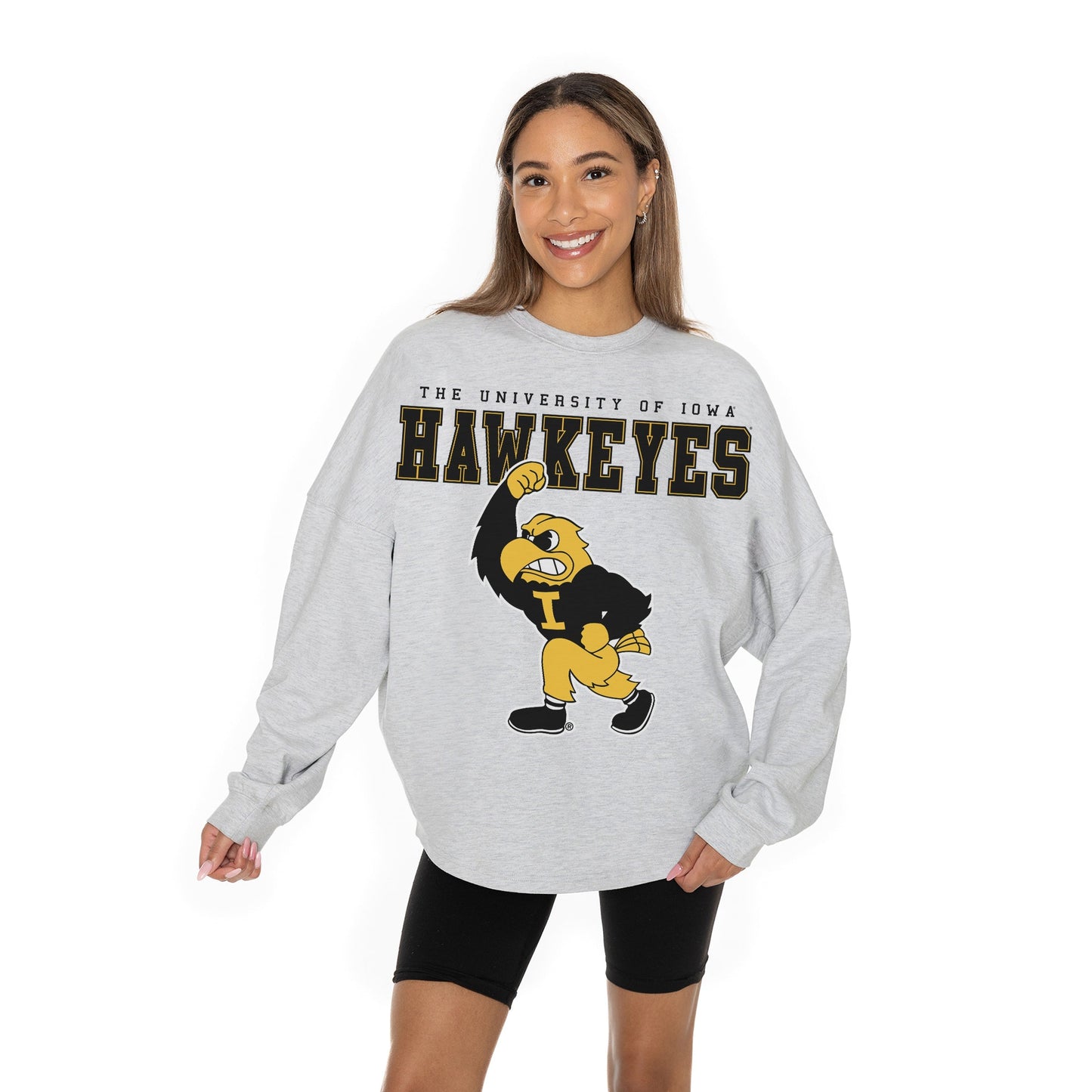 IOWA HAWKEYES BIG GOALS RELAXED FIT HEATHERED LONG SLEEVE FRENCH TERRY PULLOVER WITH RIBBED CUFF AND NECKLINE DETAIL