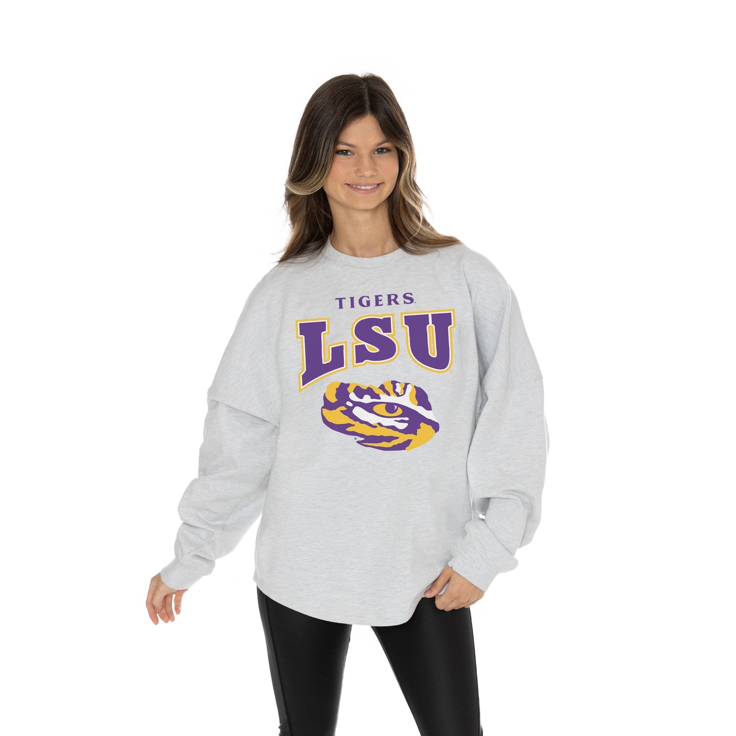 LSU TIGERS FIGHTING SPIRIT RELAXED FIT HEATHERED LONG SLEEVE FRENCH TERRY PULLOVER WITH RIBBED CUFF AND NECKLINE DETAIL