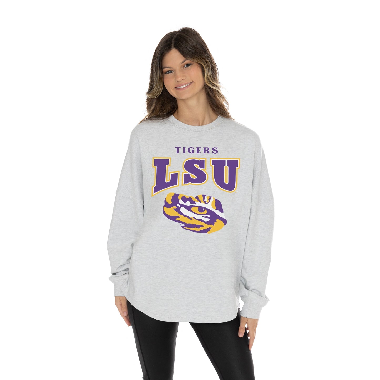 LSU TIGERS FIGHTING SPIRIT RELAXED FIT HEATHERED LONG SLEEVE FRENCH TERRY PULLOVER WITH RIBBED CUFF AND NECKLINE DETAIL