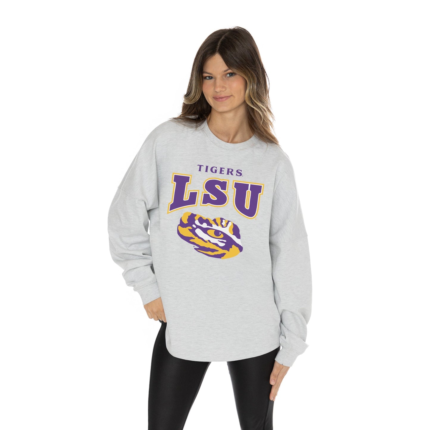 LSU TIGERS FIGHTING SPIRIT RELAXED FIT HEATHERED LONG SLEEVE FRENCH TERRY PULLOVER WITH RIBBED CUFF AND NECKLINE DETAIL