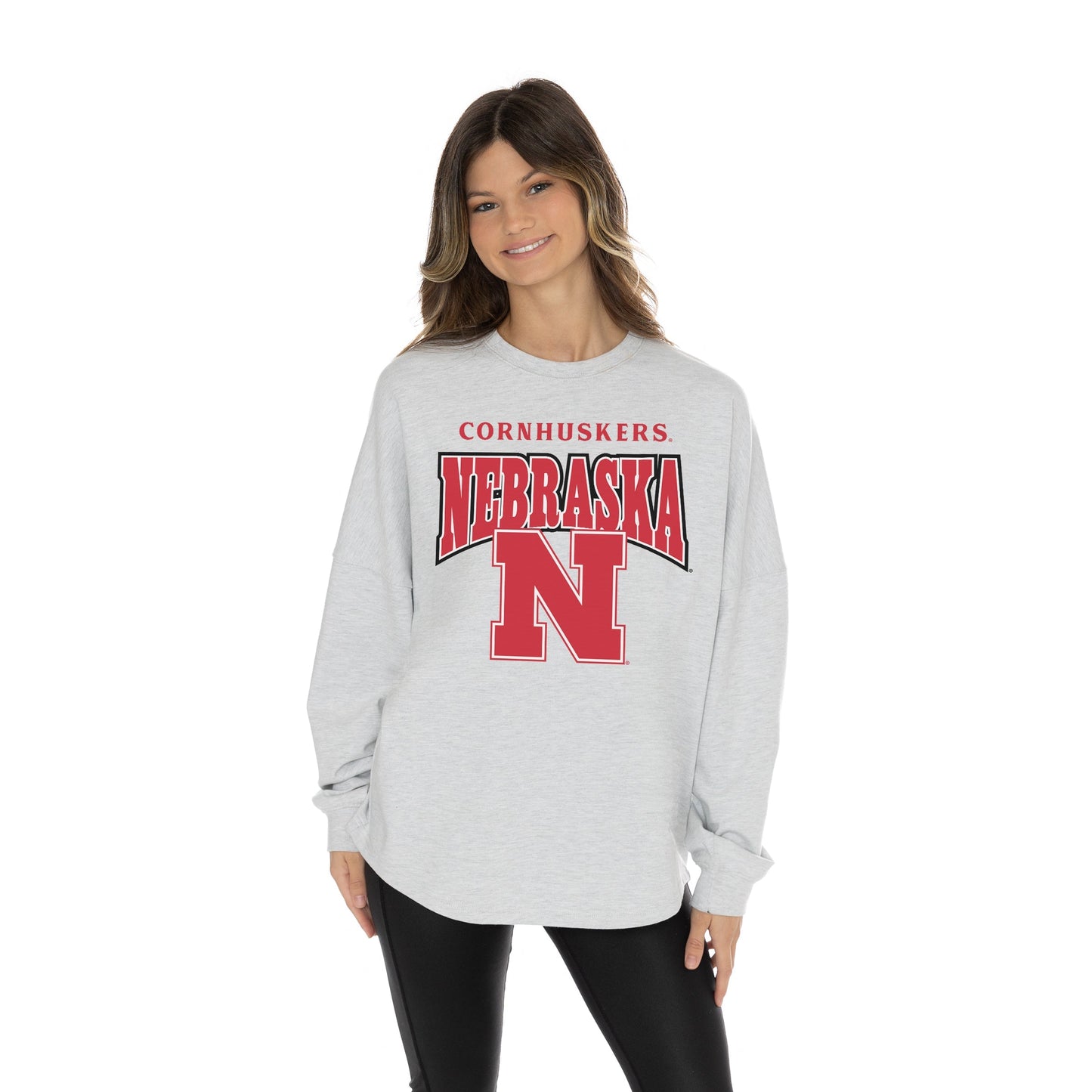 NEBRASKA CORNHUSKERS FIGHTING SPIRIT RELAXED FIT HEATHERED LONG SLEEVE FRENCH TERRY PULLOVER WITH RIBBED CUFF AND NECKLINE DETAIL
