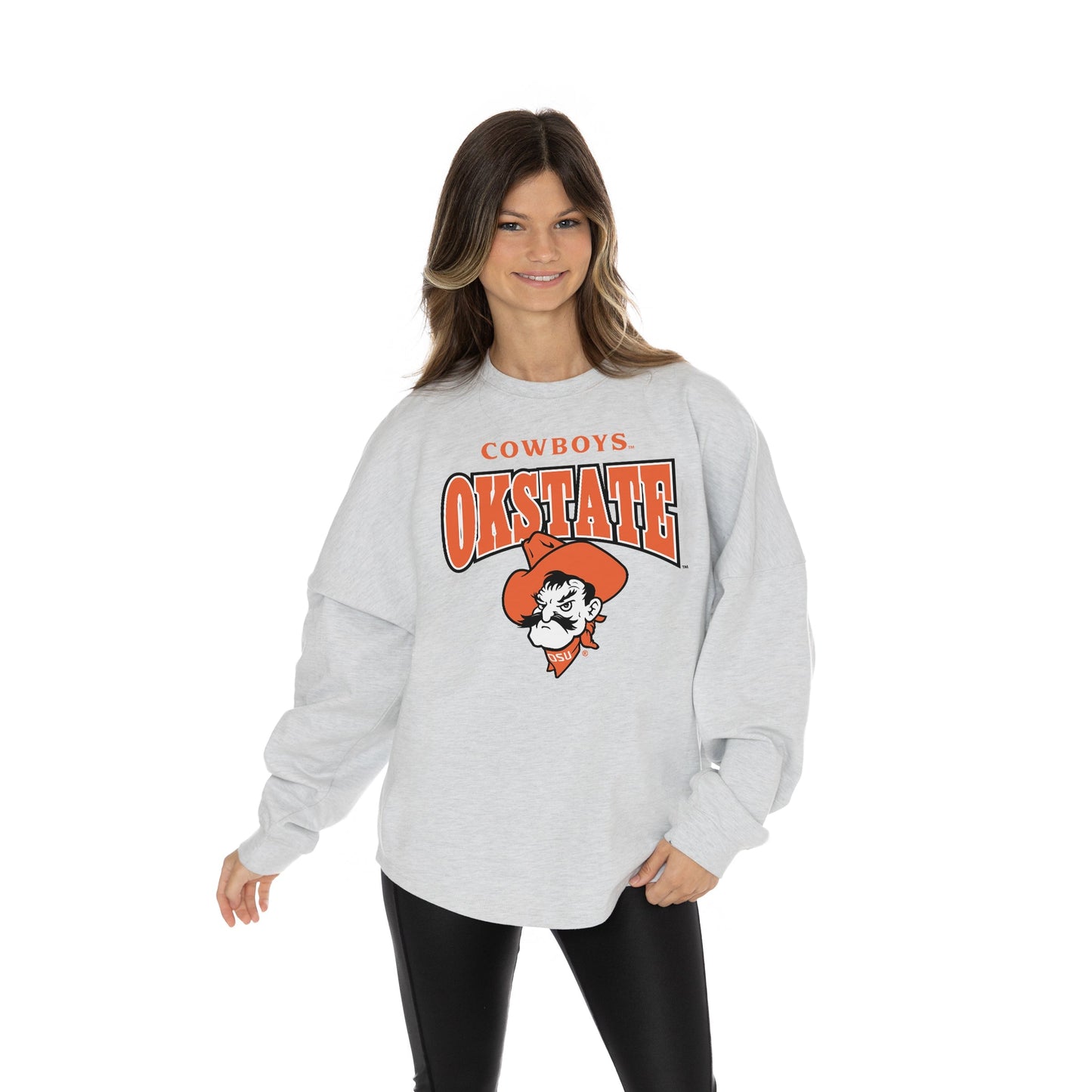 OKLAHOMA STATE COWBOYS FIGHTING SPIRIT RELAXED FIT HEATHERED LONG SLEEVE FRENCH TERRY PULLOVER WITH RIBBED CUFF AND NECKLINE DETAIL