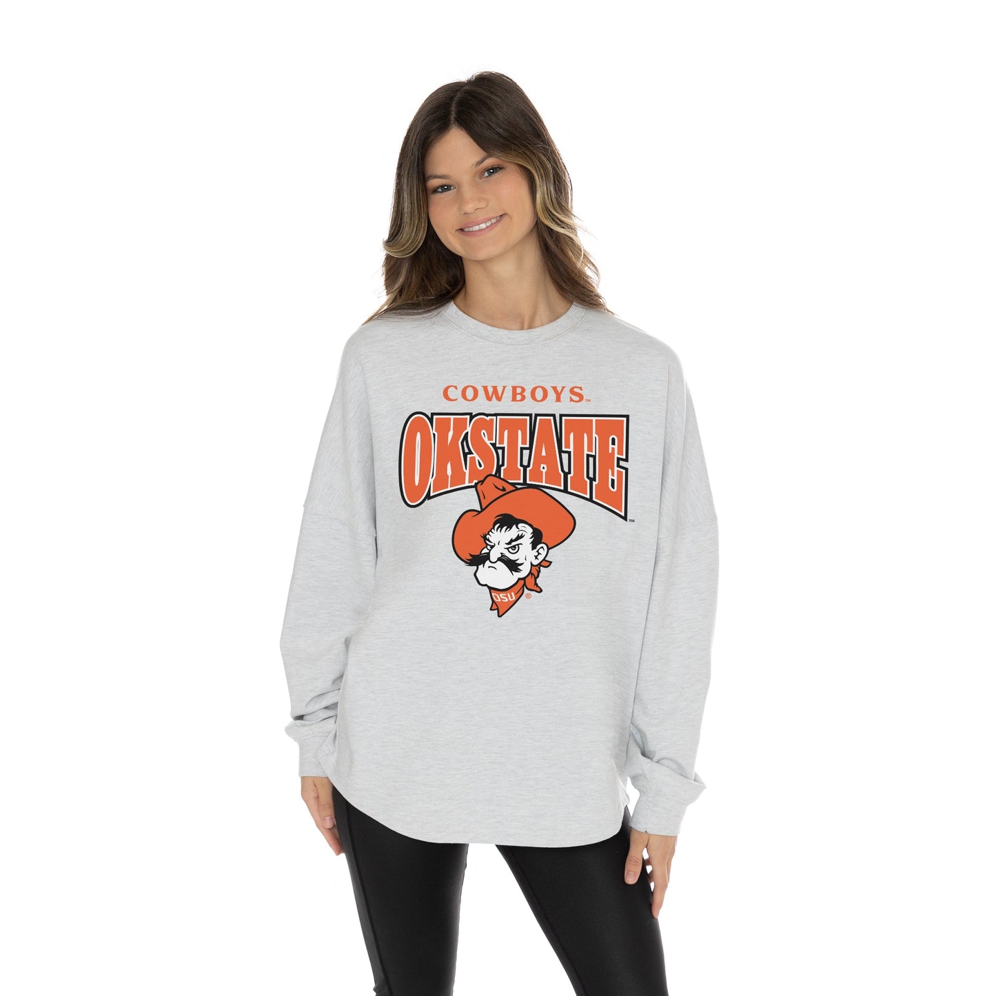 OKLAHOMA STATE COWBOYS FIGHTING SPIRIT RELAXED FIT HEATHERED LONG SLEEVE FRENCH TERRY PULLOVER WITH RIBBED CUFF AND NECKLINE DETAIL