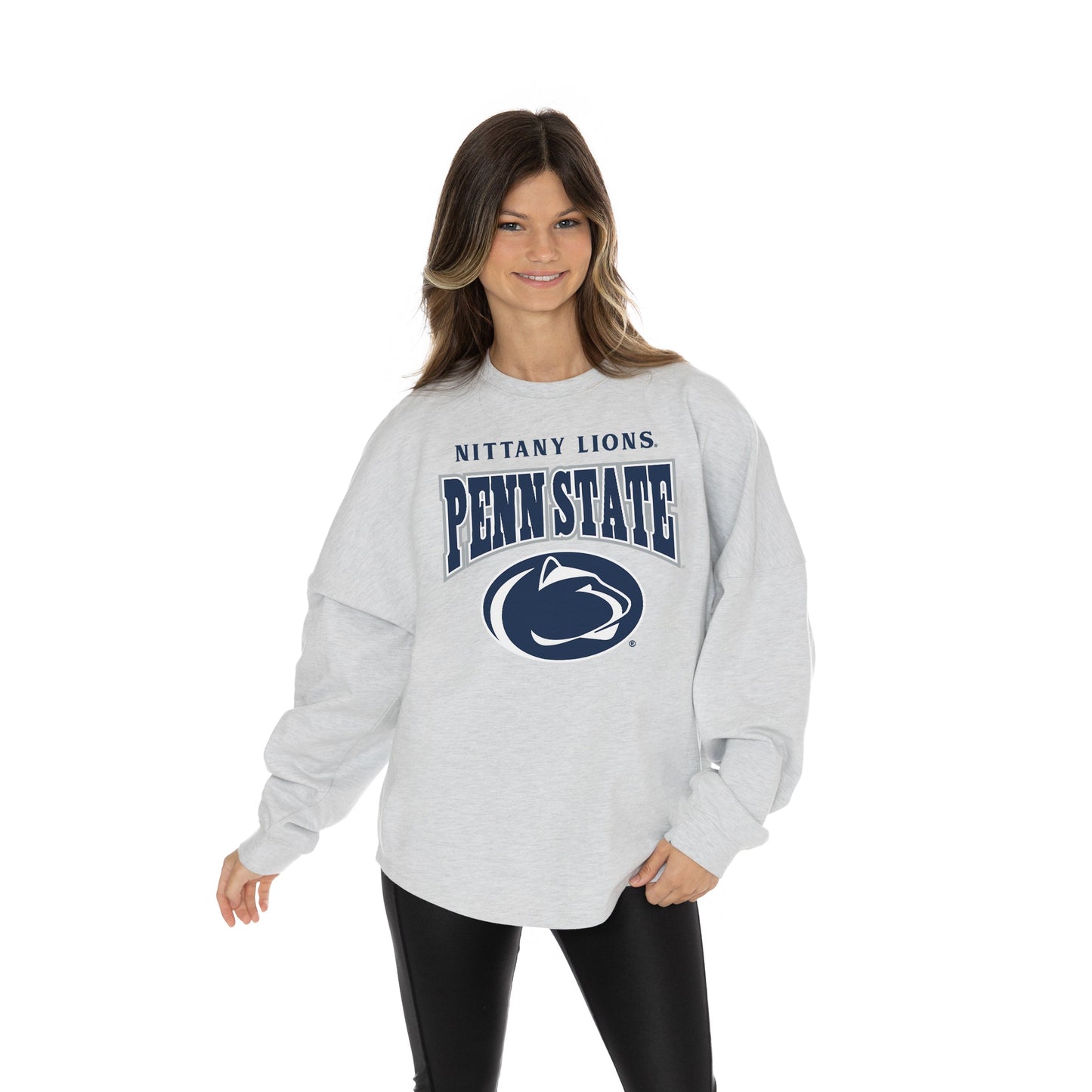 PENN STATE NITTANY LIONS FIGHTING SPIRIT RELAXED FIT HEATHERED LONG SLEEVE FRENCH TERRY PULLOVER WITH RIBBED CUFF AND NECKLINE DETAIL