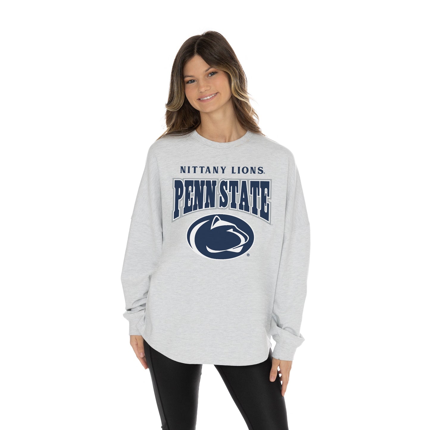 PENN STATE NITTANY LIONS FIGHTING SPIRIT RELAXED FIT HEATHERED LONG SLEEVE FRENCH TERRY PULLOVER WITH RIBBED CUFF AND NECKLINE DETAIL