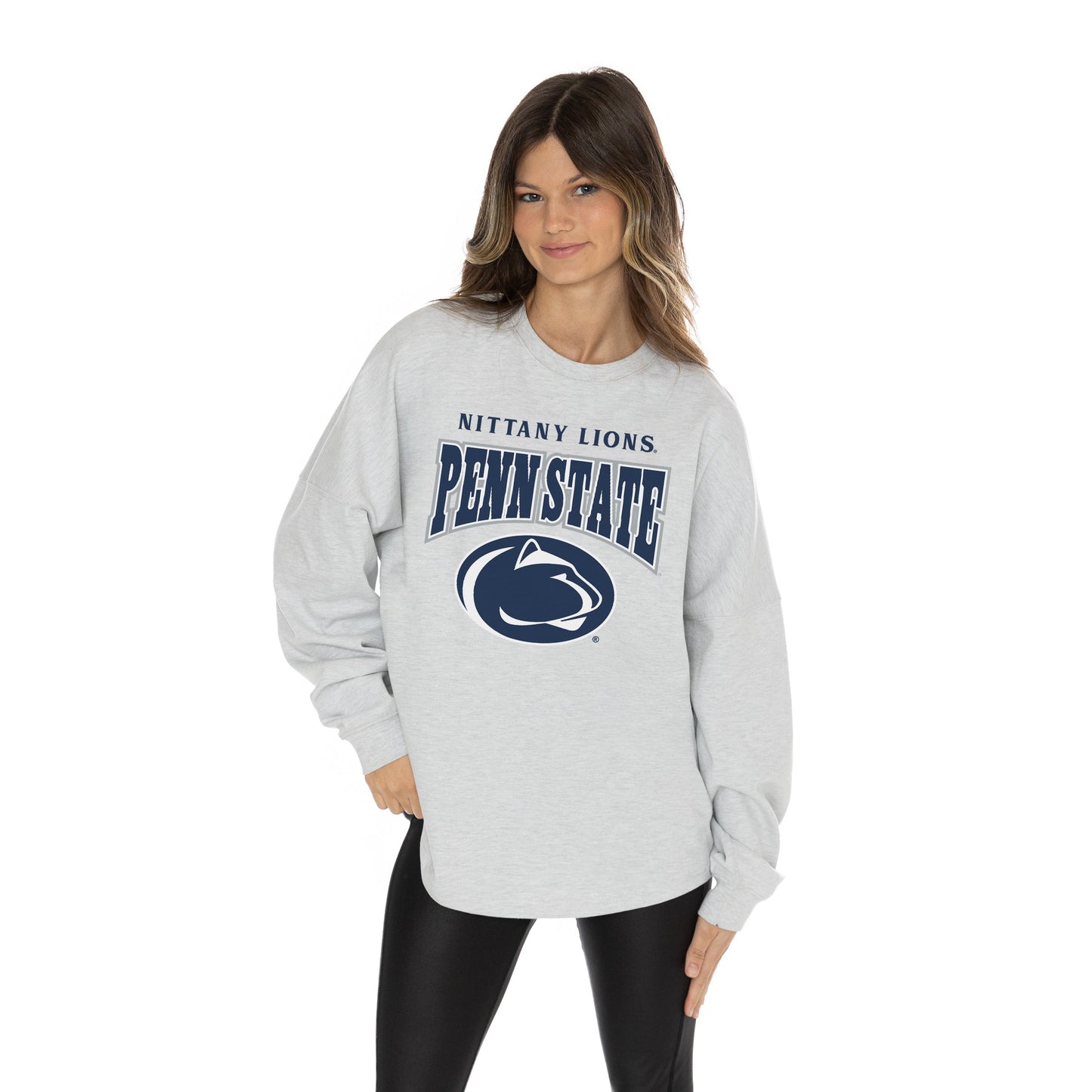 PENN STATE NITTANY LIONS FIGHTING SPIRIT RELAXED FIT HEATHERED LONG SLEEVE FRENCH TERRY PULLOVER WITH RIBBED CUFF AND NECKLINE DETAIL