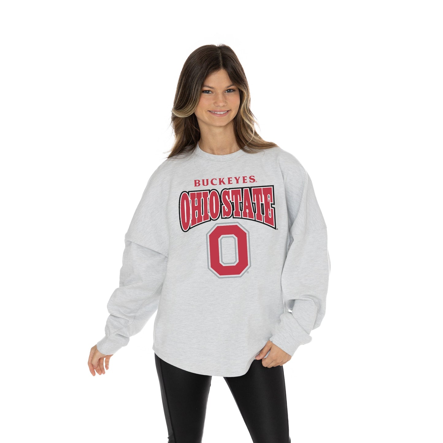 OHIO STATE BUCKEYES FIGHTING SPIRIT RELAXED FIT HEATHERED LONG SLEEVE FRENCH TERRY PULLOVER WITH RIBBED CUFF AND NECKLINE DETAIL