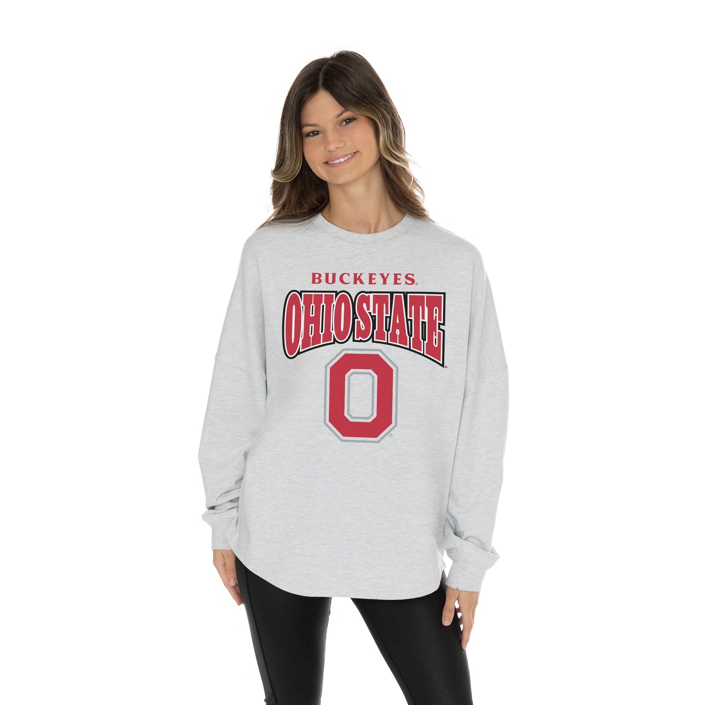 OHIO STATE BUCKEYES FIGHTING SPIRIT RELAXED FIT HEATHERED LONG SLEEVE FRENCH TERRY PULLOVER WITH RIBBED CUFF AND NECKLINE DETAIL