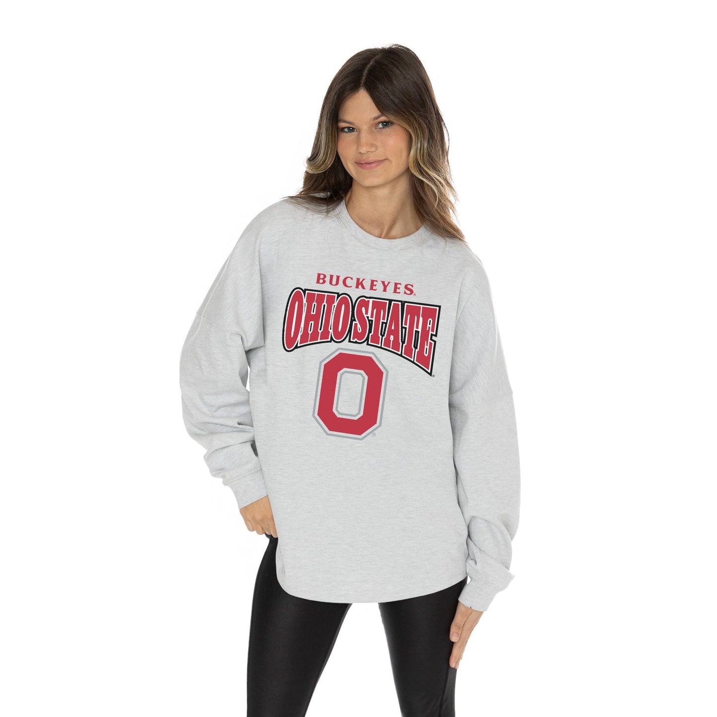 OHIO STATE BUCKEYES FIGHTING SPIRIT RELAXED FIT HEATHERED LONG SLEEVE FRENCH TERRY PULLOVER WITH RIBBED CUFF AND NECKLINE DETAIL