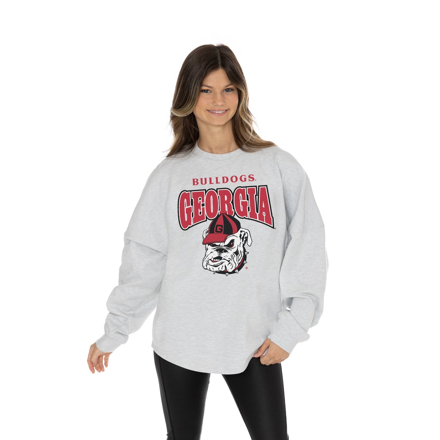 GEORGIA BULLDOGS FIGHTING SPIRIT RELAXED FIT HEATHERED LONG SLEEVE FRENCH TERRY PULLOVER WITH RIBBED CUFF AND NECKLINE DETAIL