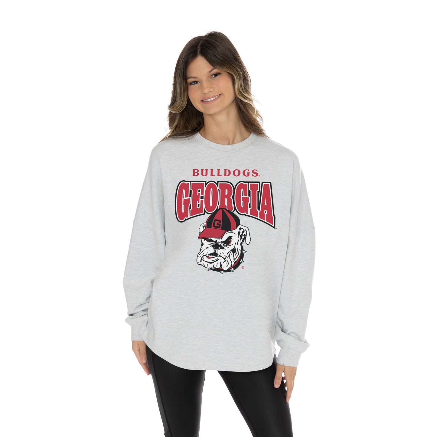 GEORGIA BULLDOGS FIGHTING SPIRIT RELAXED FIT HEATHERED LONG SLEEVE FRENCH TERRY PULLOVER WITH RIBBED CUFF AND NECKLINE DETAIL