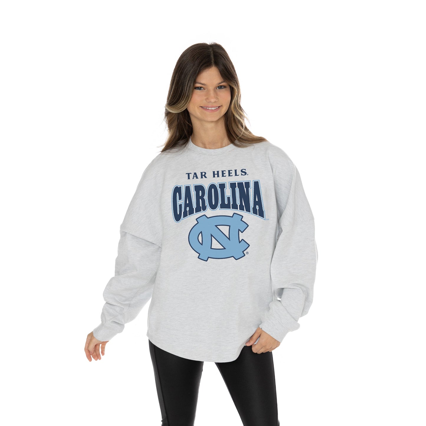NORTH CAROLINA TAR HEELS FIGHTING SPIRIT RELAXED FIT HEATHERED LONG SLEEVE FRENCH TERRY PULLOVER WITH RIBBED CUFF AND NECKLINE DETAIL