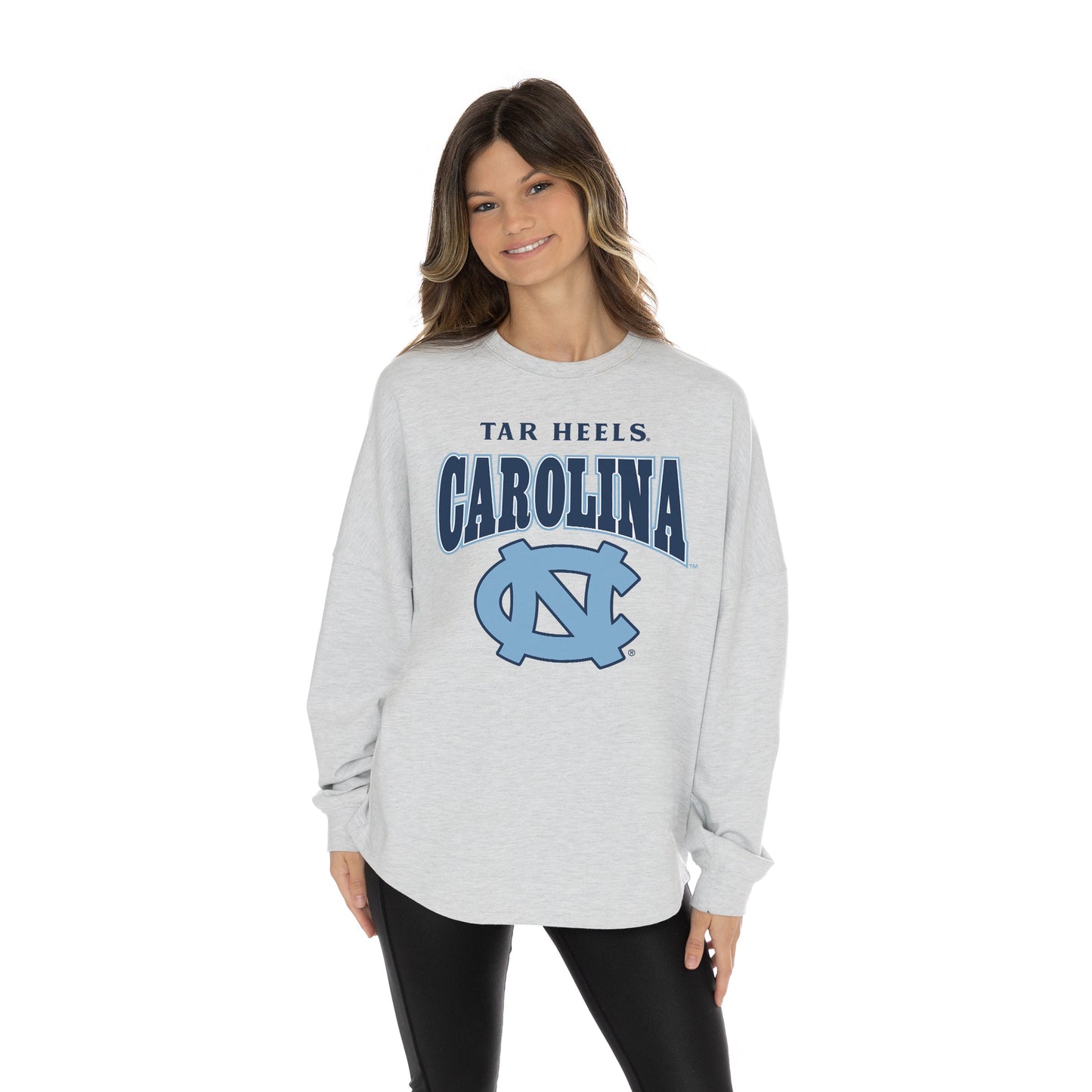 NORTH CAROLINA TAR HEELS FIGHTING SPIRIT RELAXED FIT HEATHERED LONG SLEEVE FRENCH TERRY PULLOVER WITH RIBBED CUFF AND NECKLINE DETAIL