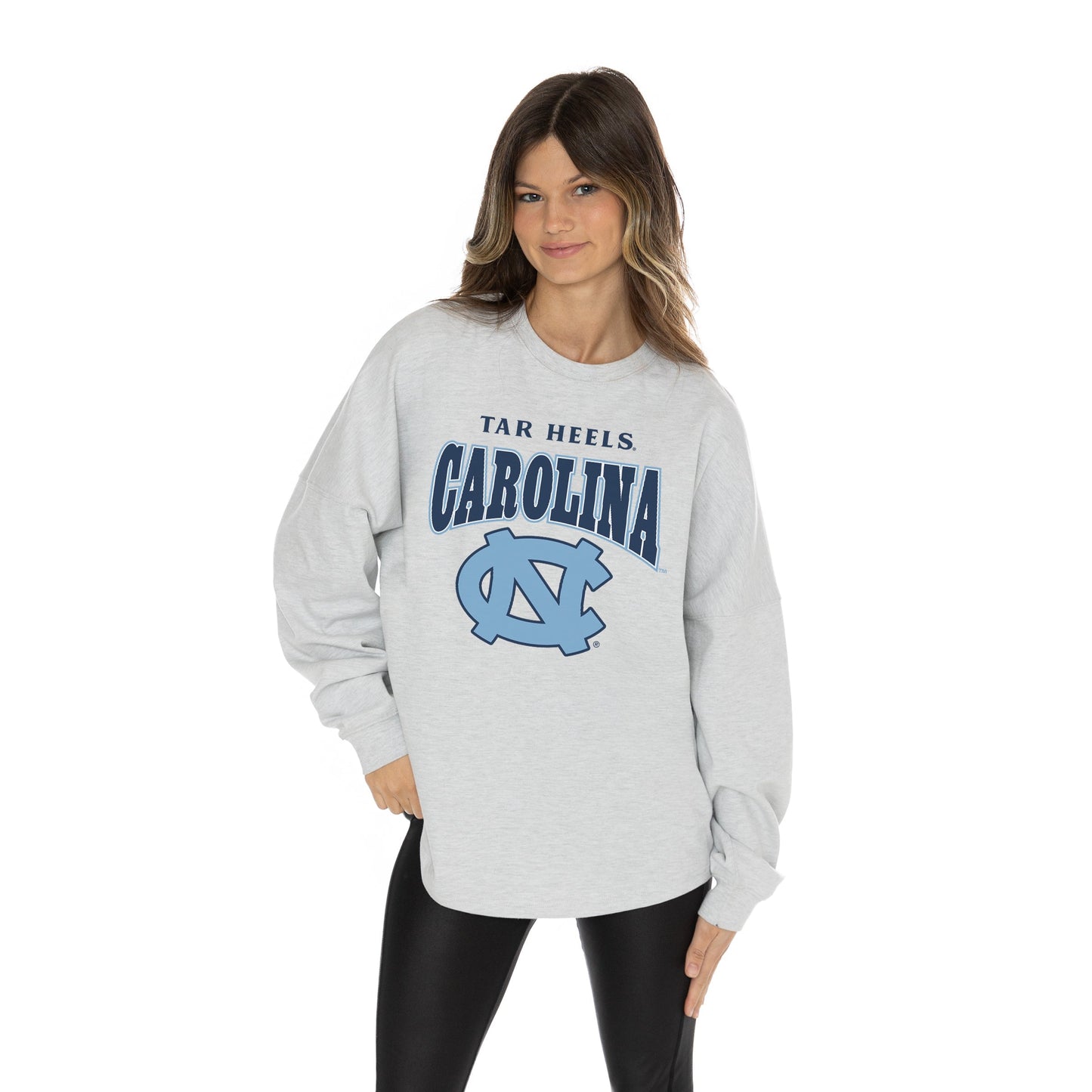 NORTH CAROLINA TAR HEELS FIGHTING SPIRIT RELAXED FIT HEATHERED LONG SLEEVE FRENCH TERRY PULLOVER WITH RIBBED CUFF AND NECKLINE DETAIL