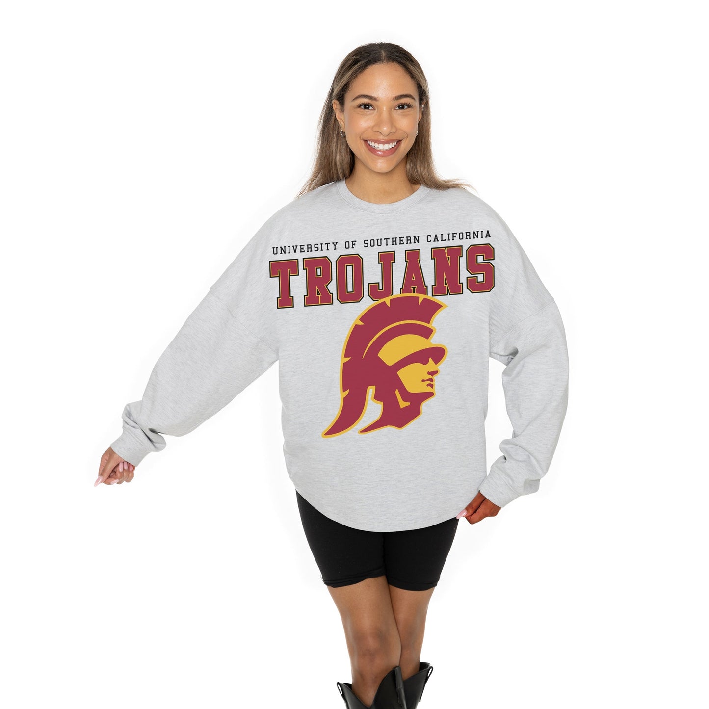 USC TROJANS BIG GOALS RELAXED FIT HEATHERED LONG SLEEVE FRENCH TERRY PULLOVER WITH RIBBED CUFF AND NECKLINE DETAIL