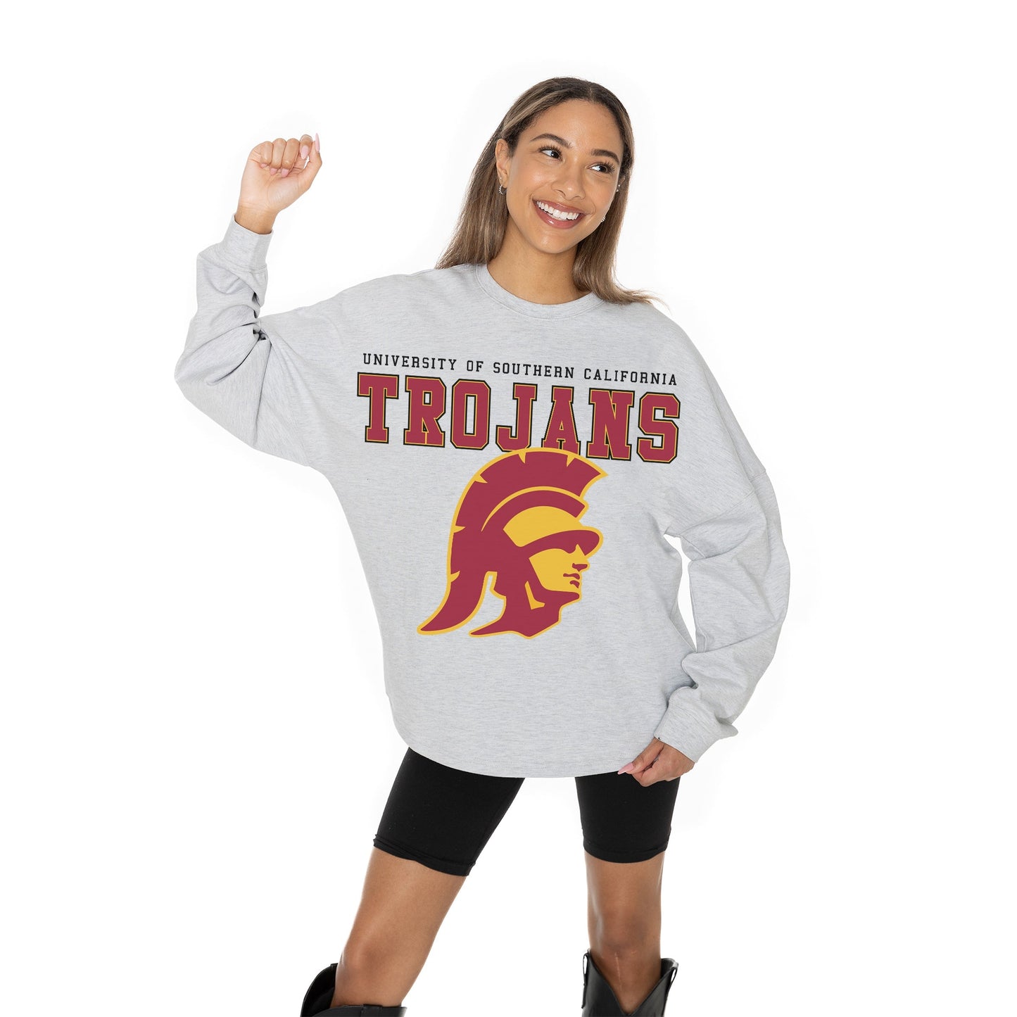 USC TROJANS BIG GOALS RELAXED FIT HEATHERED LONG SLEEVE FRENCH TERRY PULLOVER WITH RIBBED CUFF AND NECKLINE DETAIL
