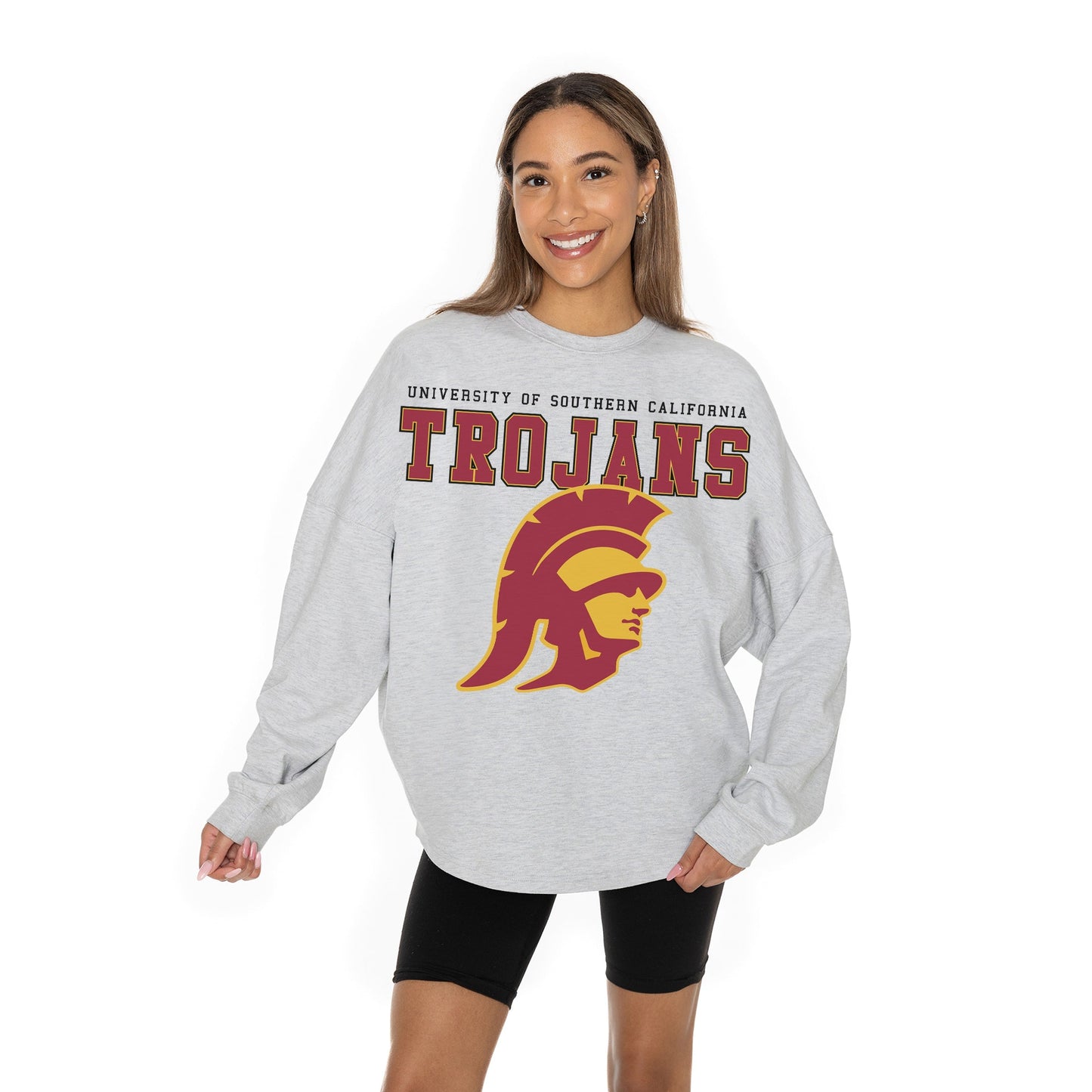 USC TROJANS BIG GOALS RELAXED FIT HEATHERED LONG SLEEVE FRENCH TERRY PULLOVER WITH RIBBED CUFF AND NECKLINE DETAIL