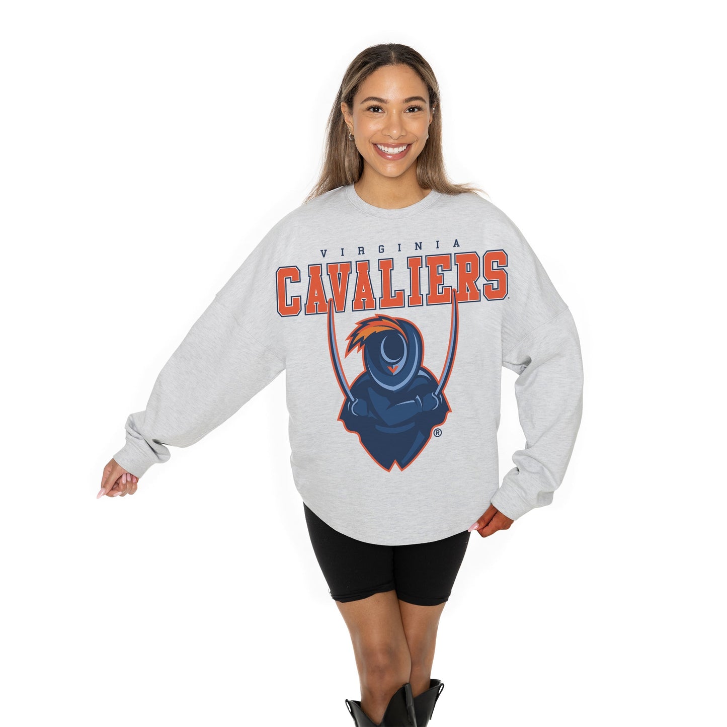 VIRGINIA CAVALIERS BIG GOALS RELAXED FIT HEATHERED LONG SLEEVE FRENCH TERRY PULLOVER WITH RIBBED CUFF AND NECKLINE DETAIL