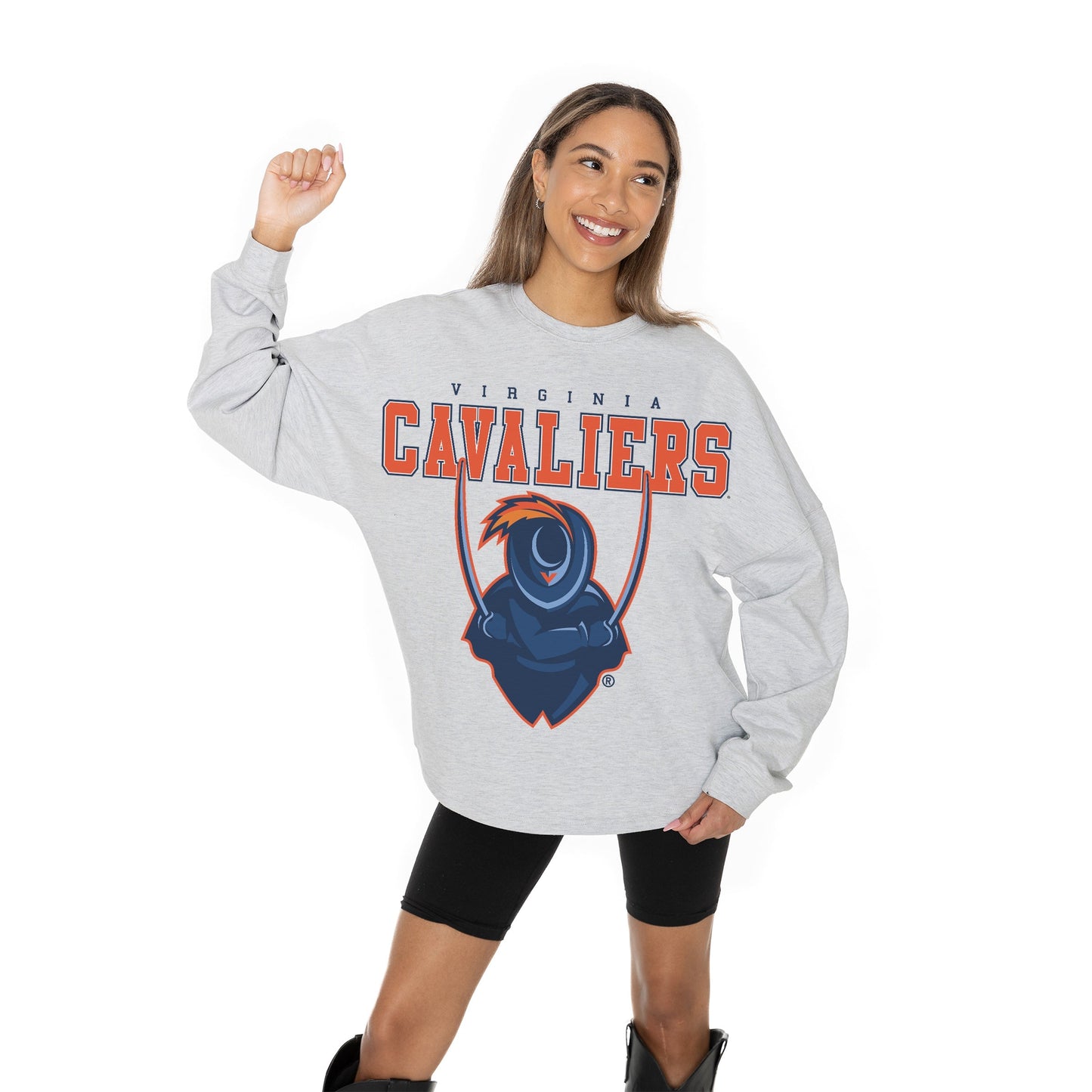 VIRGINIA CAVALIERS BIG GOALS RELAXED FIT HEATHERED LONG SLEEVE FRENCH TERRY PULLOVER WITH RIBBED CUFF AND NECKLINE DETAIL