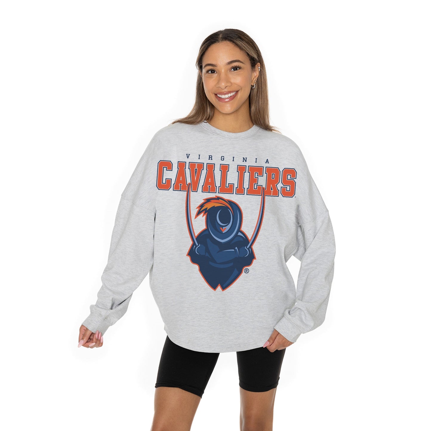 VIRGINIA CAVALIERS BIG GOALS RELAXED FIT HEATHERED LONG SLEEVE FRENCH TERRY PULLOVER WITH RIBBED CUFF AND NECKLINE DETAIL
