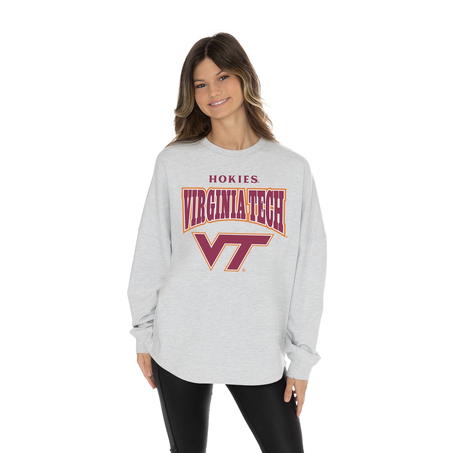 VIRGINIA TECH HOKIES FIGHTING SPIRIT RELAXED FIT HEATHERED LONG SLEEVE FRENCH TERRY PULLOVER WITH RIBBED CUFF AND NECKLINE DETAIL