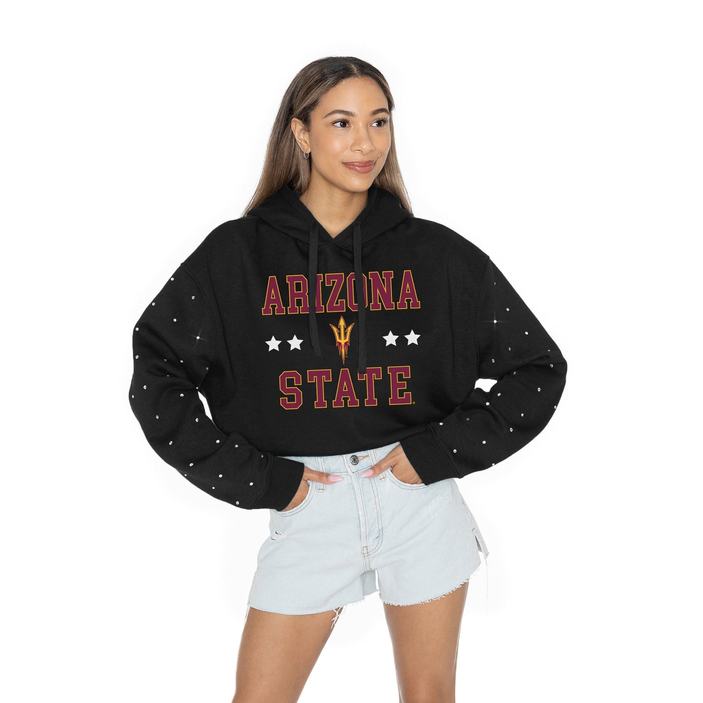 ARIZONA STATE SUN DEVILS LIKE A STAR LONG SLEEVE SCRUNCH WAISTBAND HOODIE WITH RHINESTONE SLEEVE DETAIL