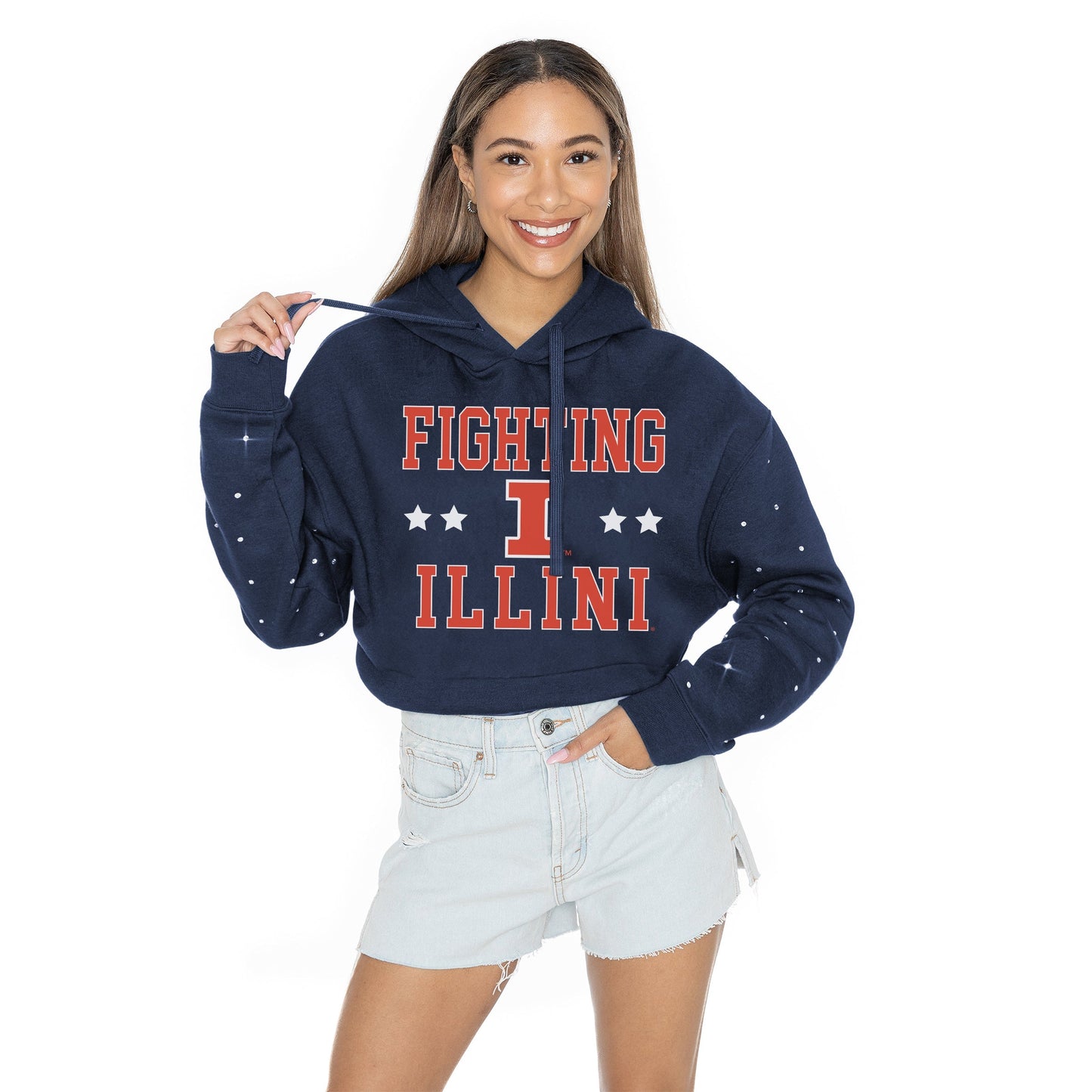 ILLINOIS FIGHTING ILLINI LIKE A STAR LONG SLEEVE SCRUNCH WAISTBAND HOODIE WITH RHINESTONE SLEEVE DETAIL