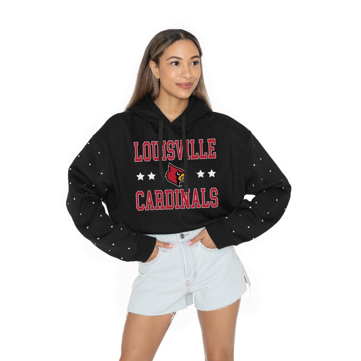 LOUISVILLE CARDINALS LIKE A STAR LONG SLEEVE SCRUNCH WAISTBAND HOODIE WITH RHINESTONE SLEEVE DETAIL