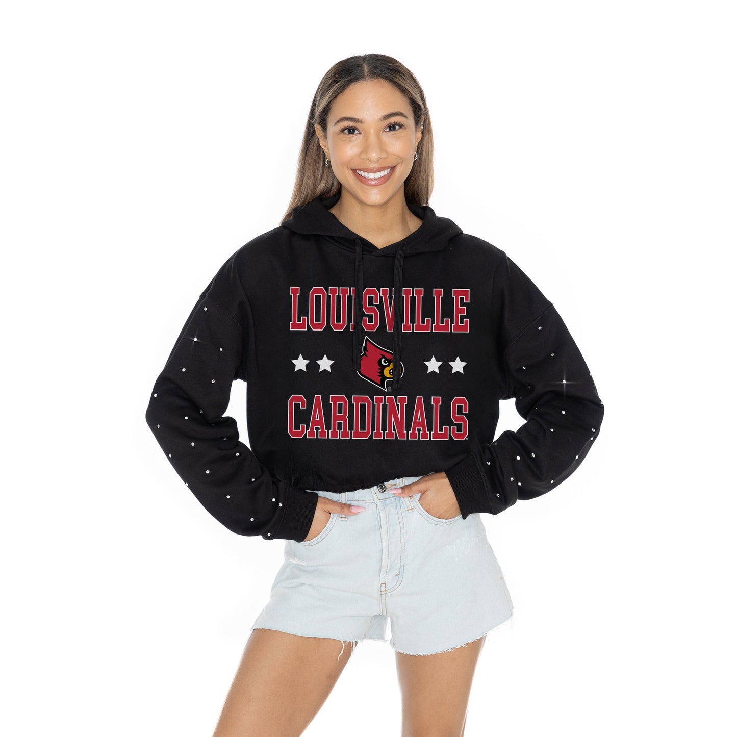 LOUISVILLE CARDINALS LIKE A STAR LONG SLEEVE SCRUNCH WAISTBAND HOODIE WITH RHINESTONE SLEEVE DETAIL