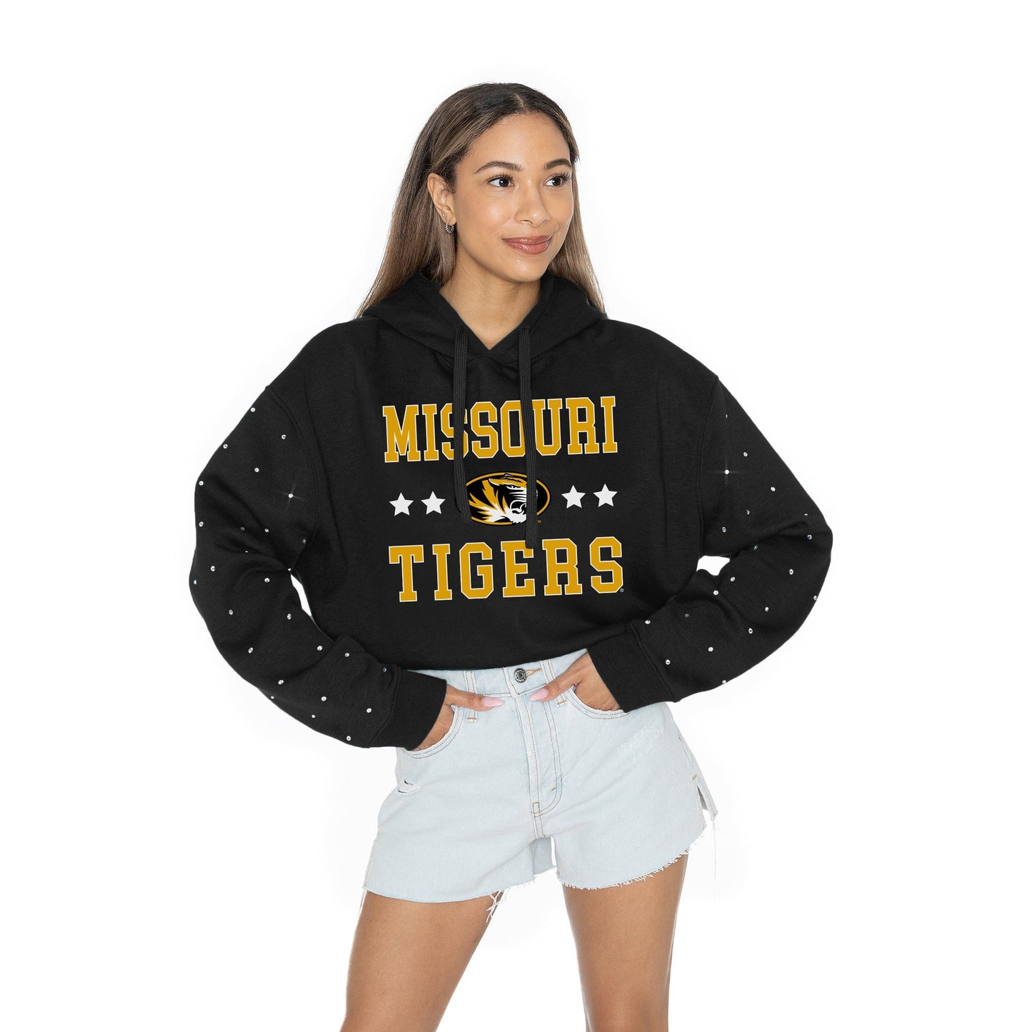 MISSOURI TIGERS LIKE A STAR LONG SLEEVE SCRUNCH WAISTBAND HOODIE WITH RHINESTONE SLEEVE DETAIL