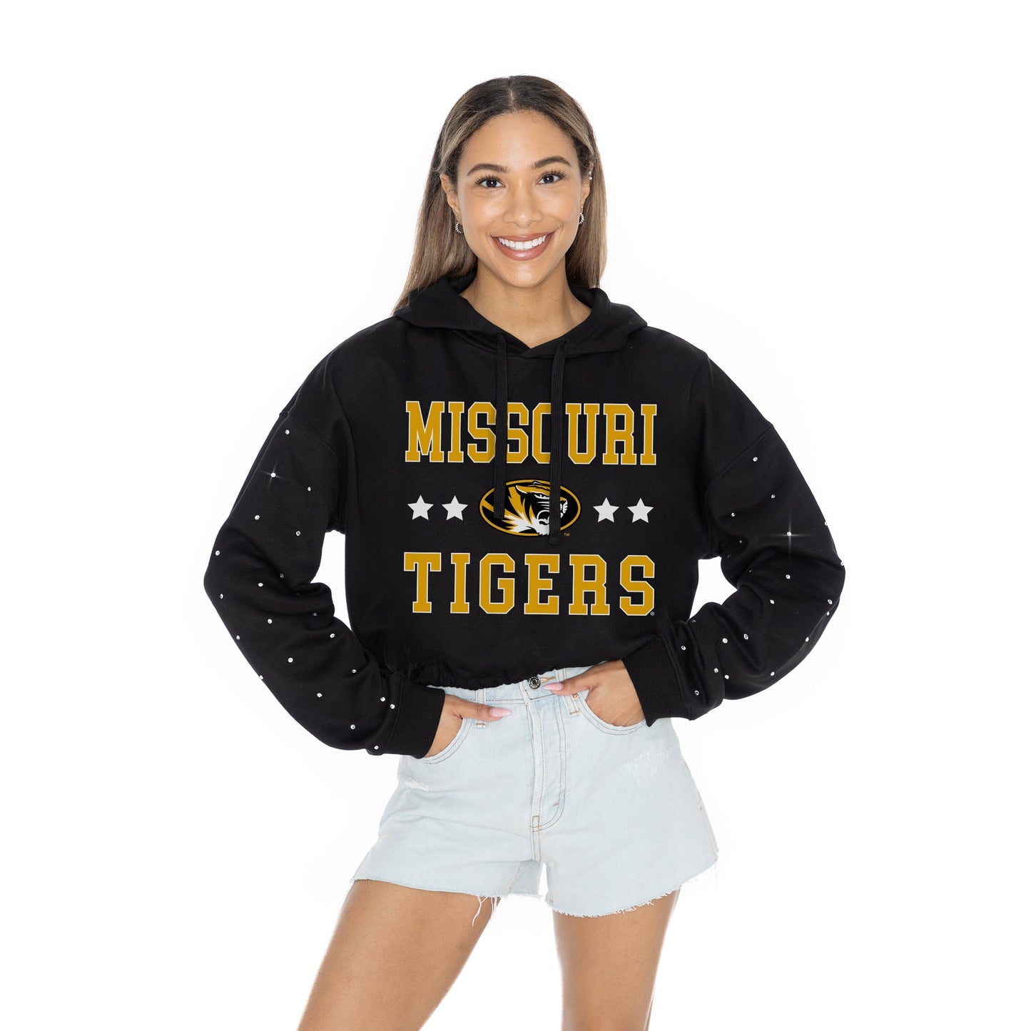 MISSOURI TIGERS LIKE A STAR LONG SLEEVE SCRUNCH WAISTBAND HOODIE WITH RHINESTONE SLEEVE DETAIL