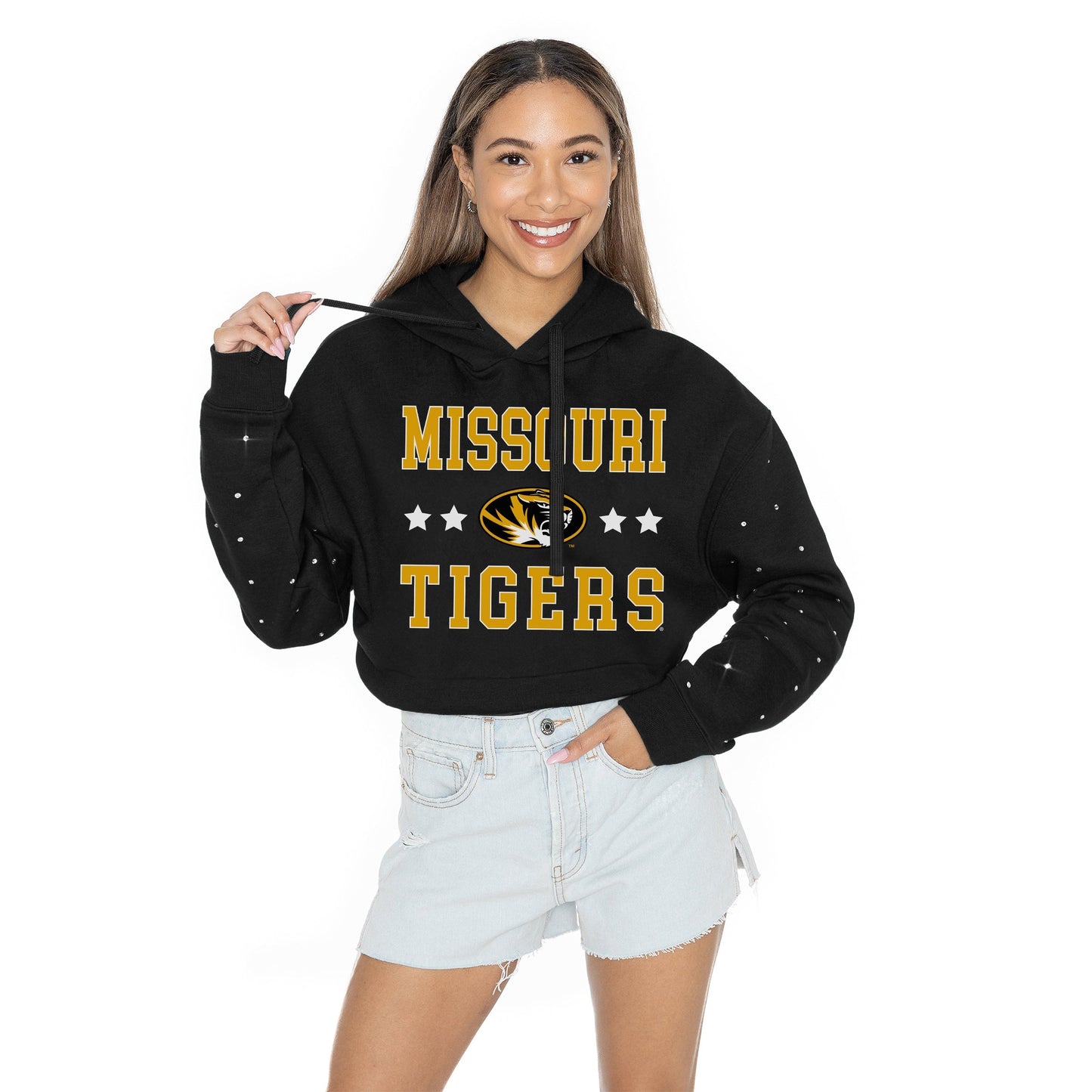 MISSOURI TIGERS LIKE A STAR LONG SLEEVE SCRUNCH WAISTBAND HOODIE WITH RHINESTONE SLEEVE DETAIL