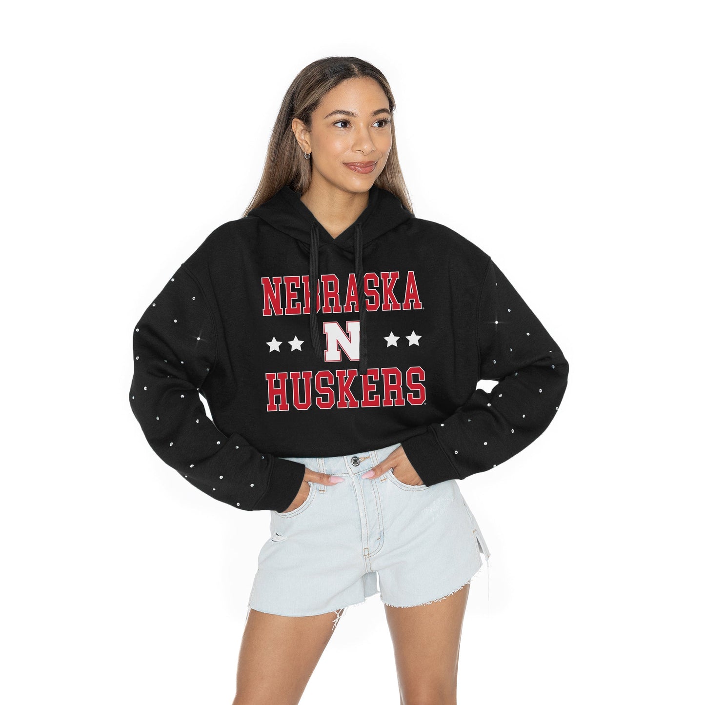 NEBRASKA CORNHUSKERS LIKE A STAR LONG SLEEVE SCRUNCH WAISTBAND HOODIE WITH RHINESTONE SLEEVE DETAIL