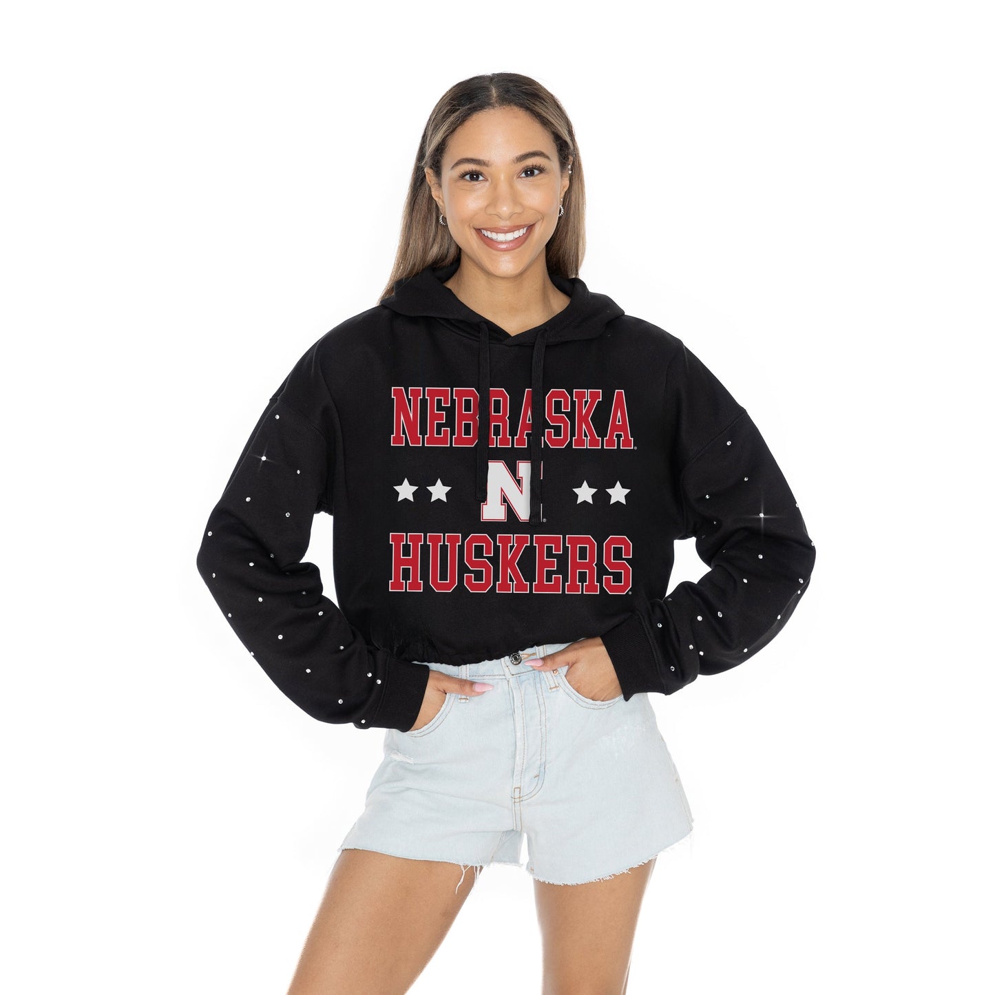 NEBRASKA CORNHUSKERS LIKE A STAR LONG SLEEVE SCRUNCH WAISTBAND HOODIE WITH RHINESTONE SLEEVE DETAIL