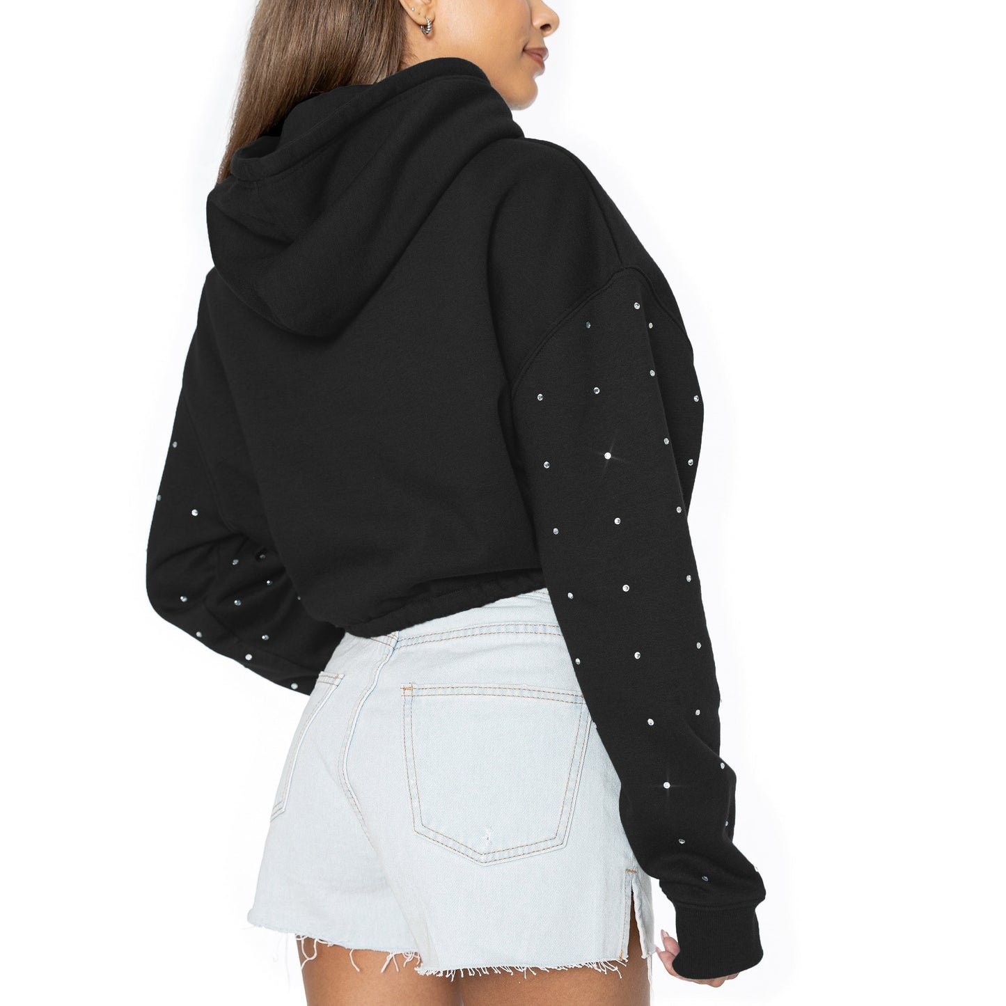 NEBRASKA CORNHUSKERS LIKE A STAR LONG SLEEVE SCRUNCH WAISTBAND HOODIE WITH RHINESTONE SLEEVE DETAIL