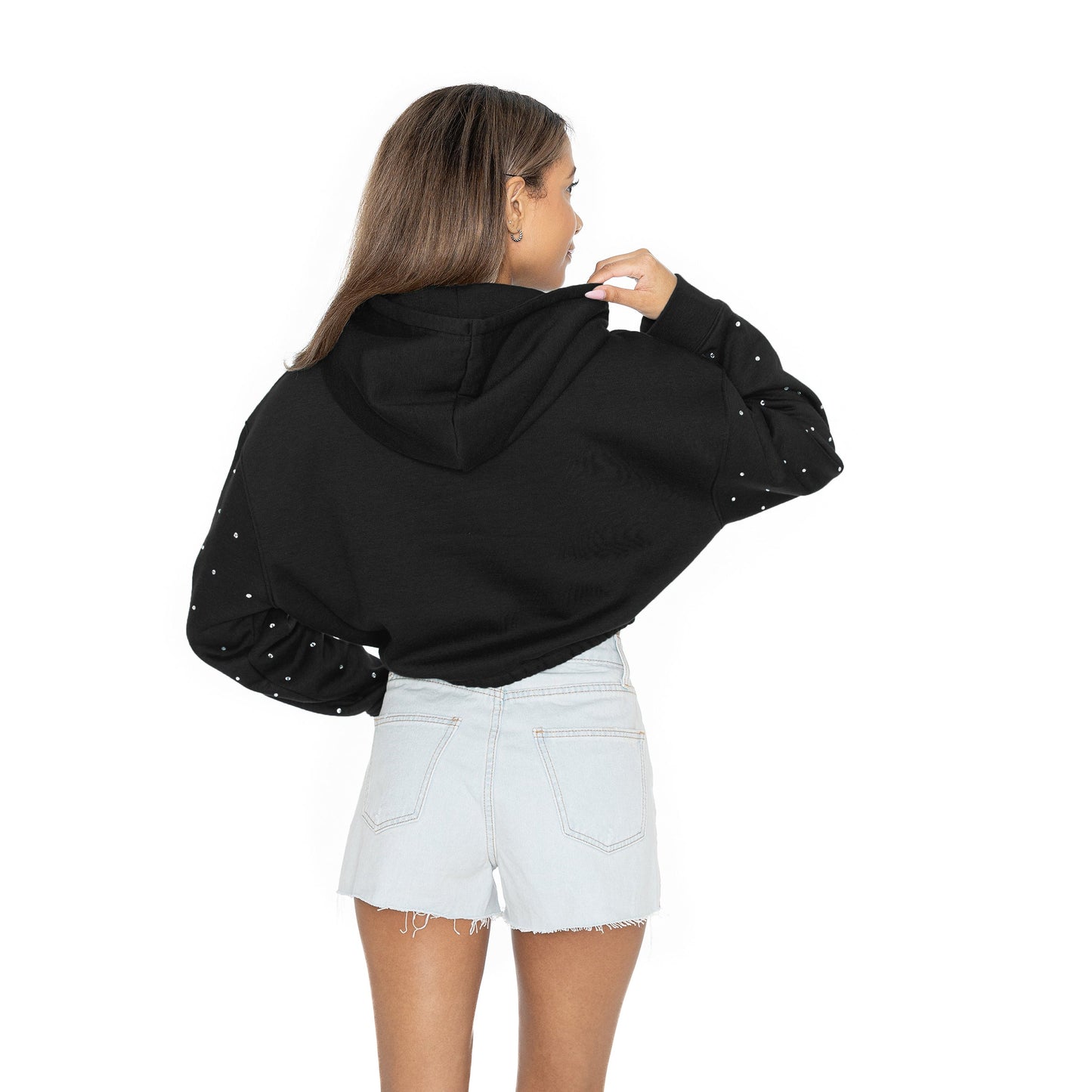 NEBRASKA CORNHUSKERS LIKE A STAR LONG SLEEVE SCRUNCH WAISTBAND HOODIE WITH RHINESTONE SLEEVE DETAIL